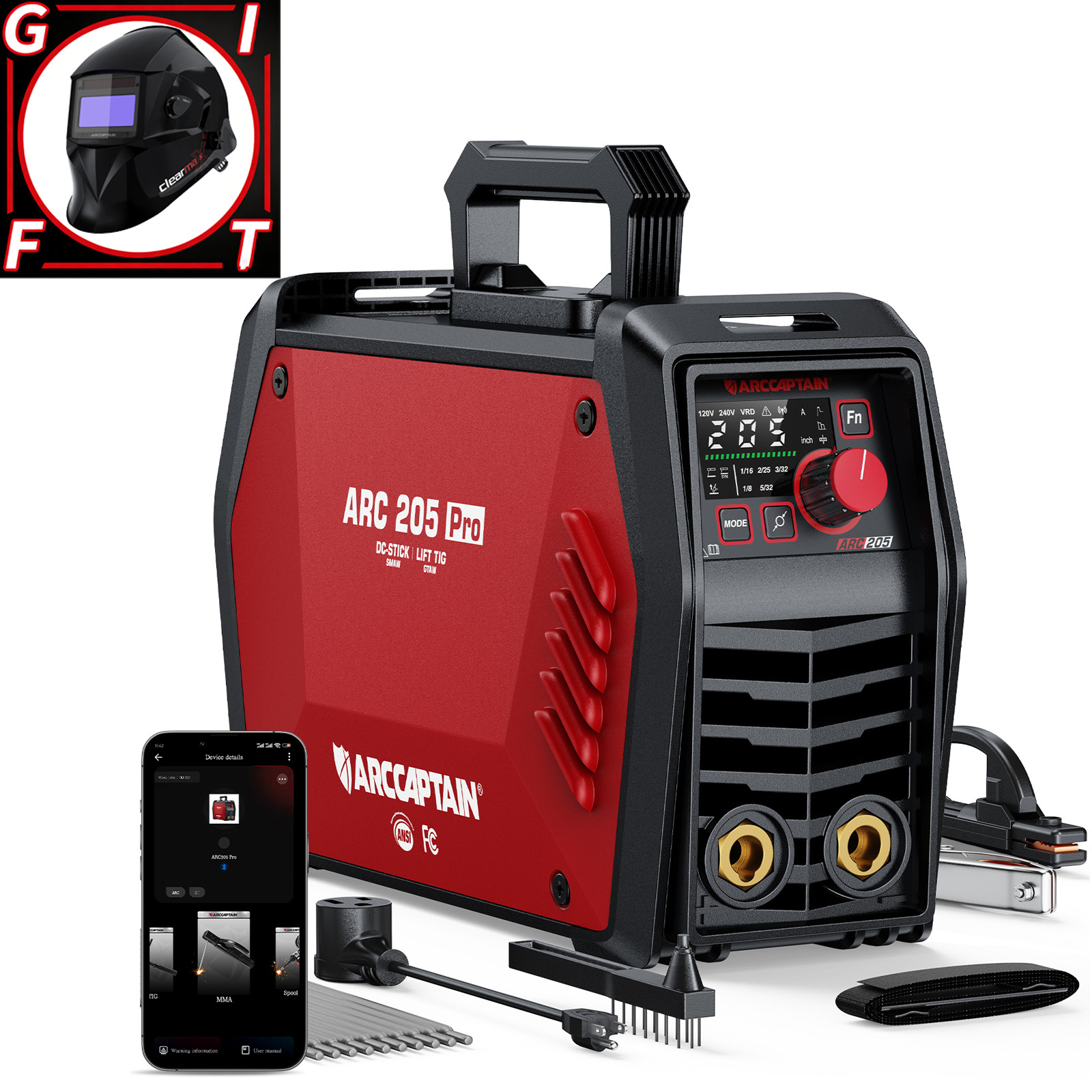 ARCCAPTAIN iControl Stick Welder 205A 2-in-1 ARC/Lift TIG LED Display 120V/240V