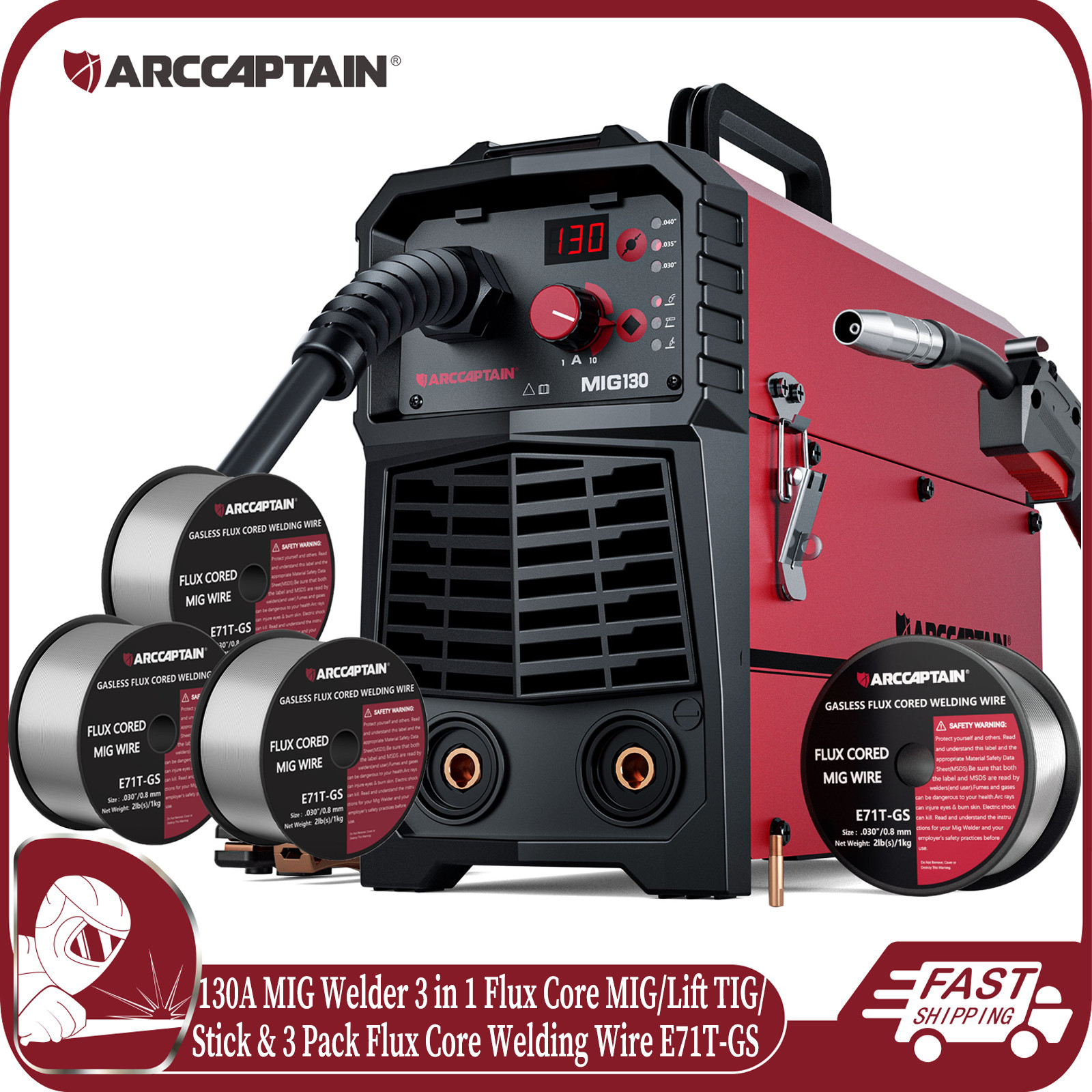 ARCCAPTAIN 3 in 1 MIG Welder 130A Flux Core MIG Welder/Lift TIG/Stick 110V 2026