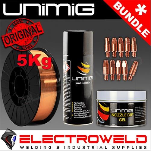 UNIMIG 5Kg Gas Shielded MIG Welding Wire Spool +Contact Tips + Anti Spatter +Gel