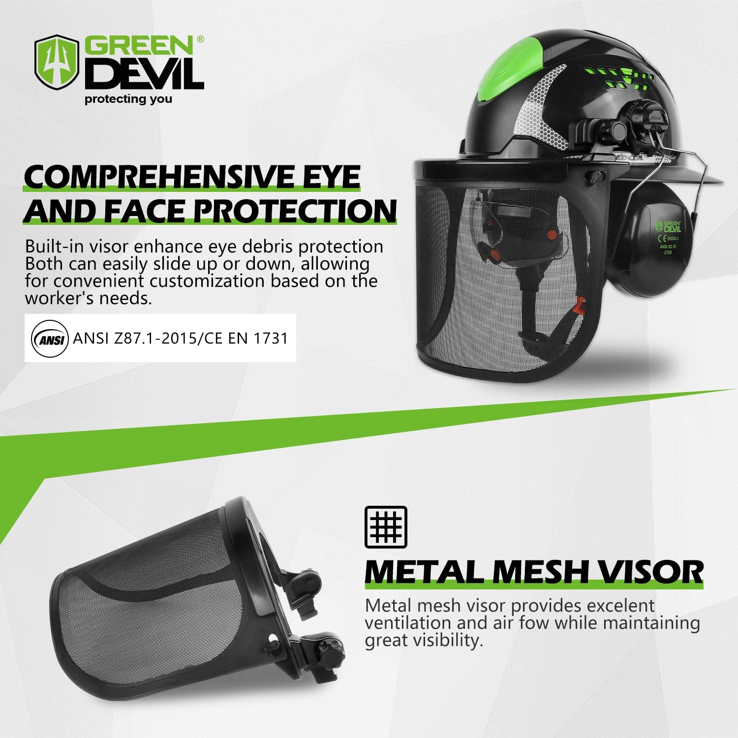 GREEN DEVIL One Size, Black with Clear Built-in Visor and Mesh Face Shield