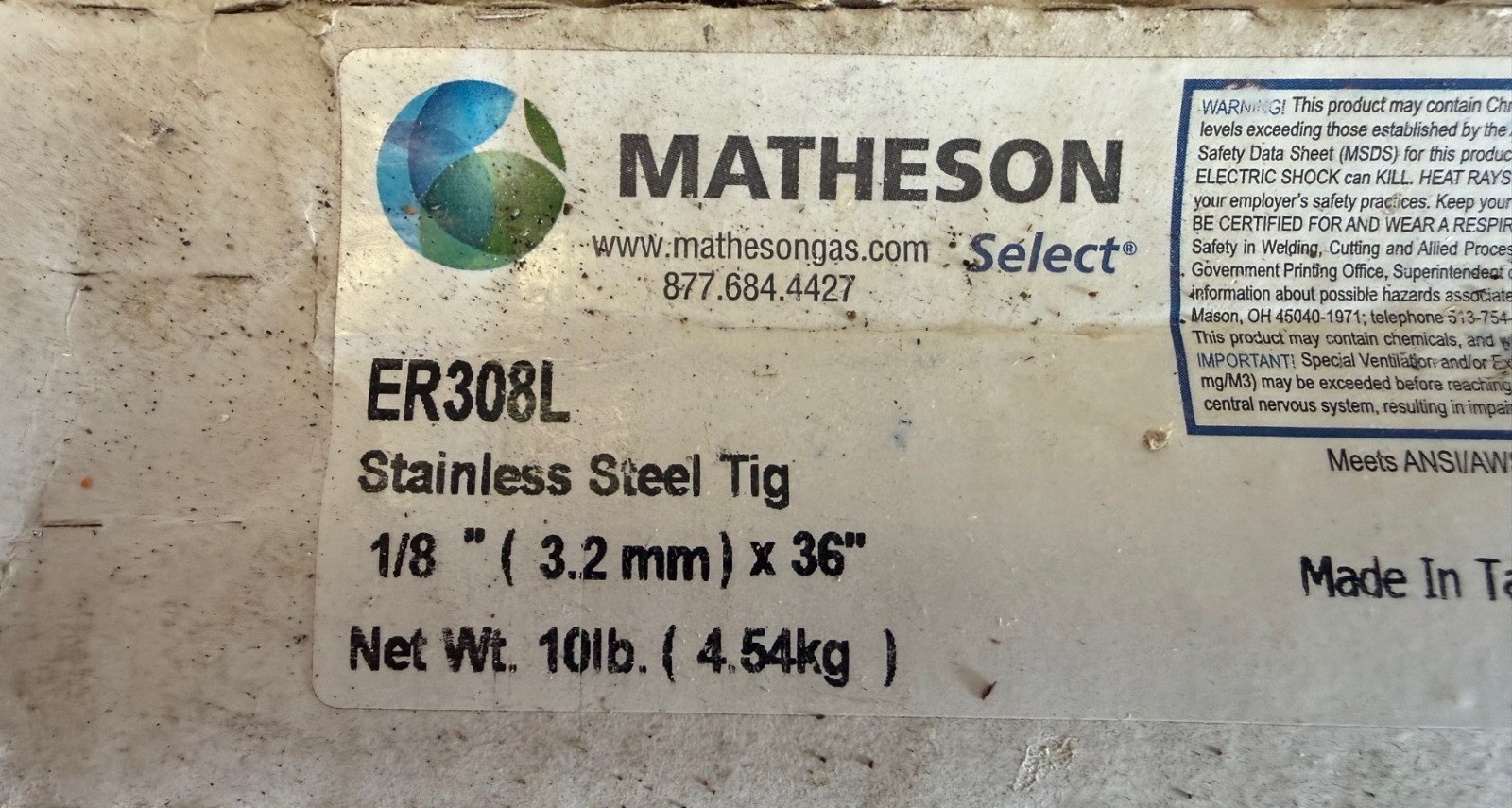 Matheson ER308L Stainless Steel Welding Rods 1/8” x 36” 17 lbs – New Old Stock