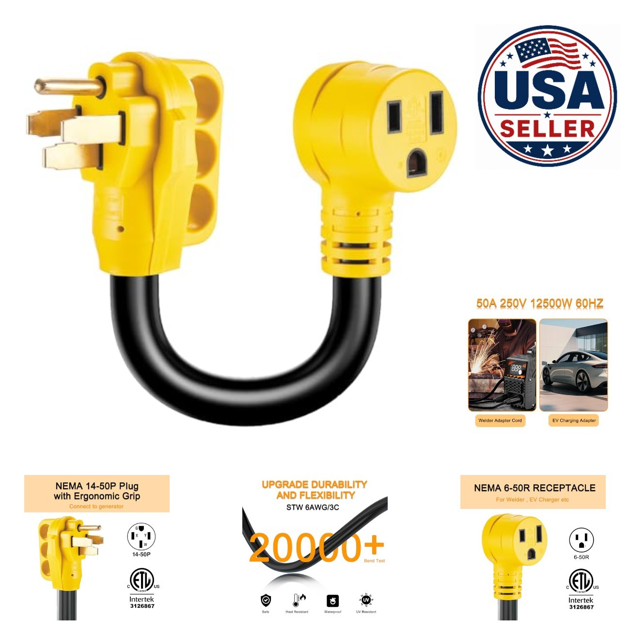 Welder Adapter Cord 50 Amp 6 AWG NEMA 14-50P to 6-50R 250 Volt 12500 Watt Heavy