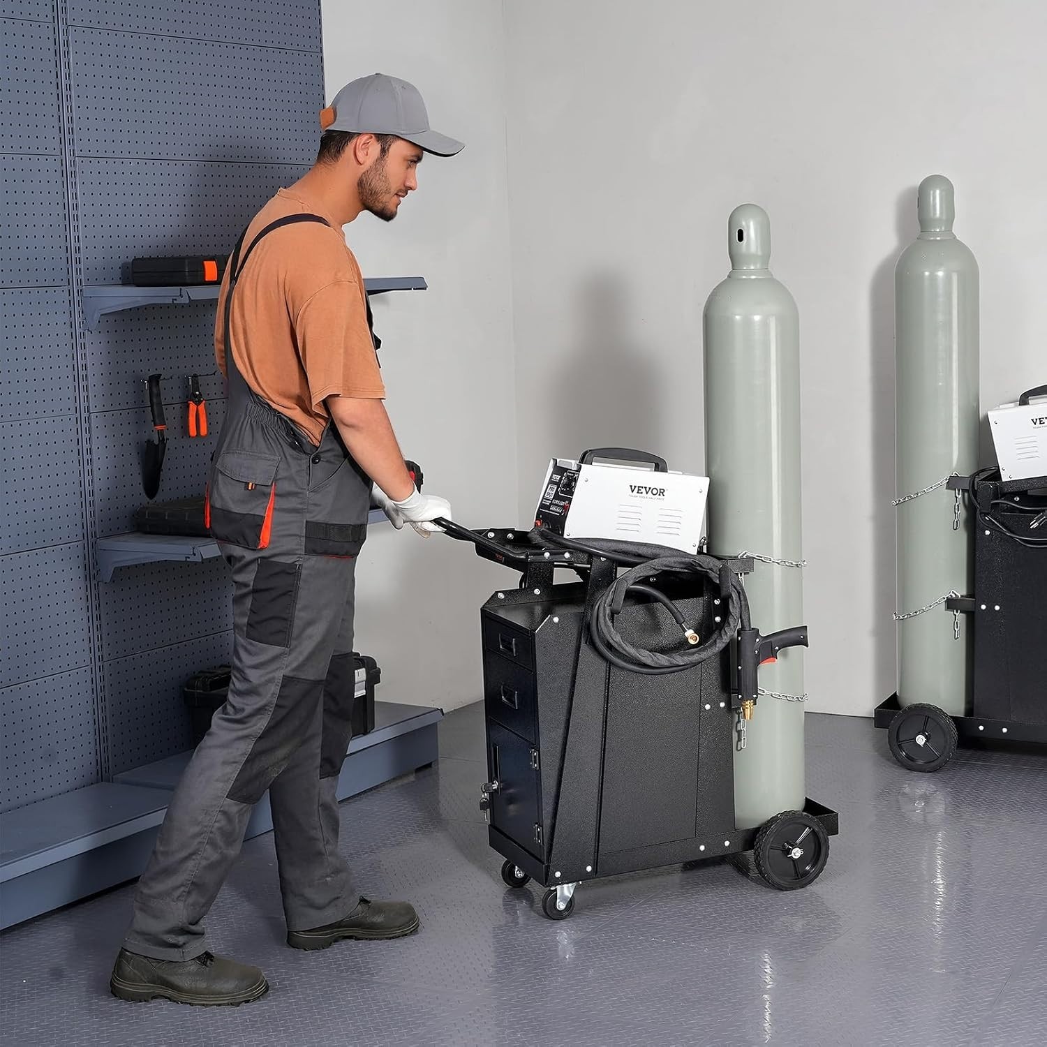 Durable 2 Drawer Welding Cart – 360° Swivel Wheels & Tank Safety Chains Included