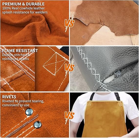 JASIC Cowhide Leather Welding Apron Adjustable, Heat Flame Resistant w/6 Pockets