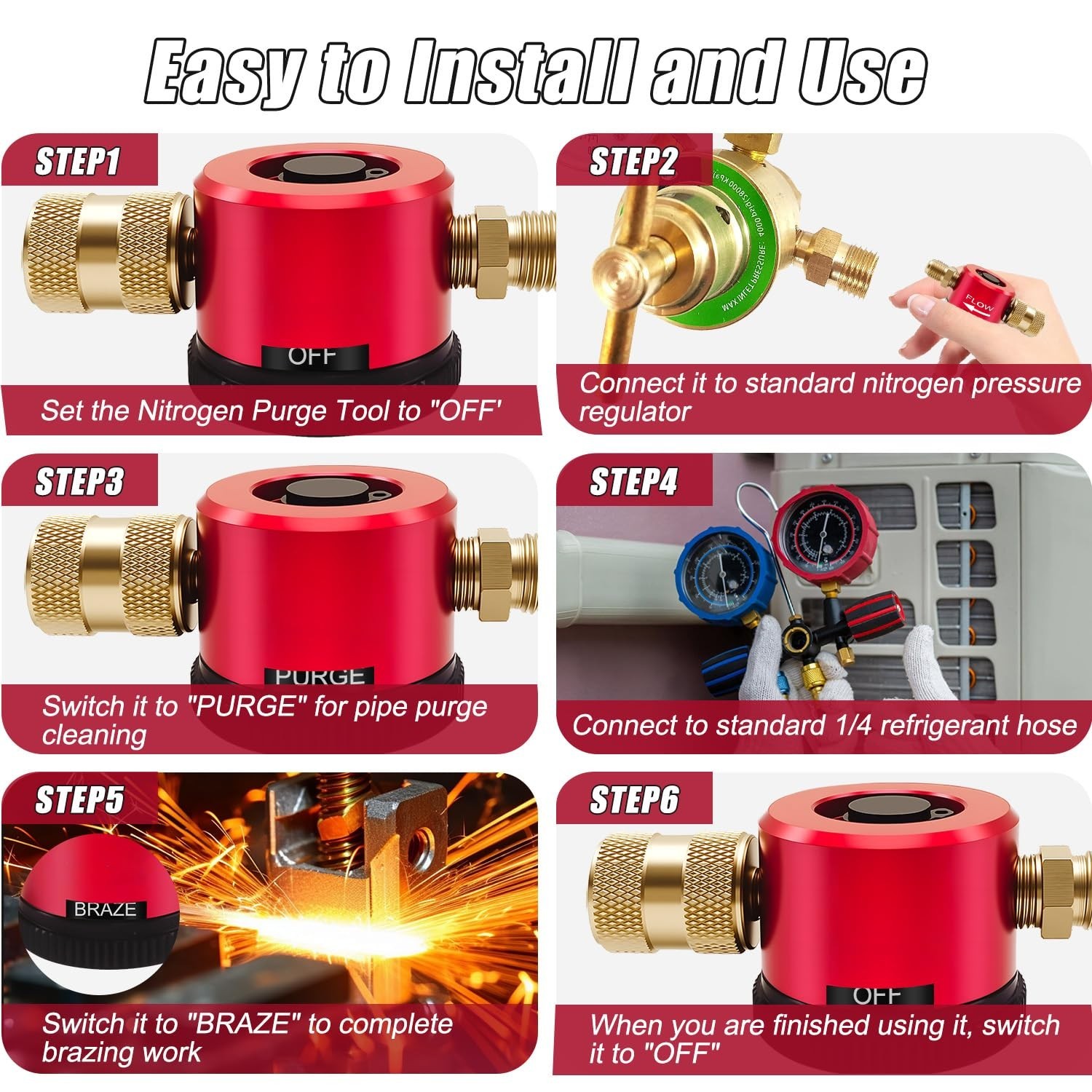 Upgraded Nitrogen Purge Tool, Adjustable HVAC Regulator, PURGE & BRAZE Modes, 50