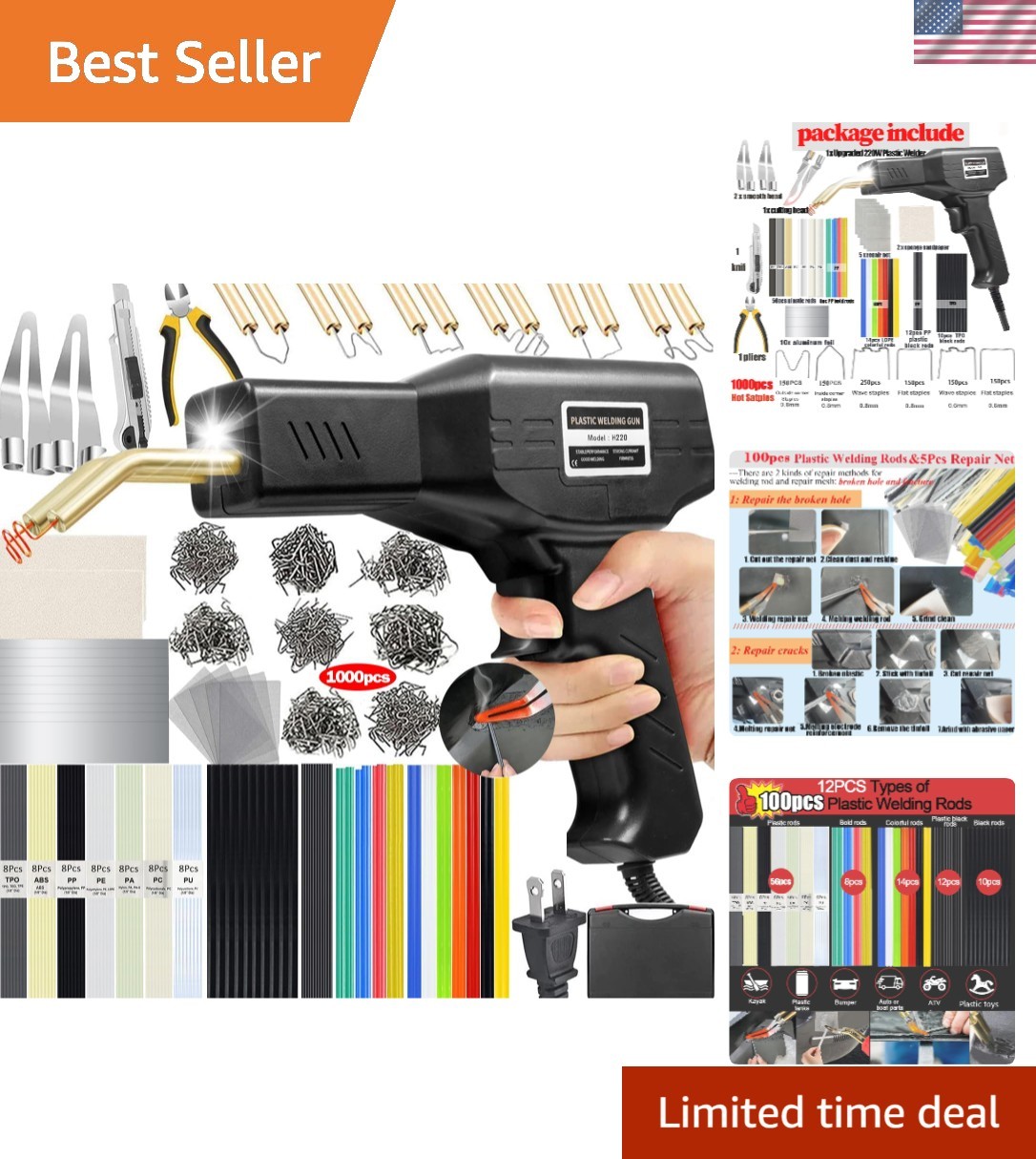 Multi-Purpose 220W Plastic Weld Repair Kit with Non-Slip Handle & Accessories