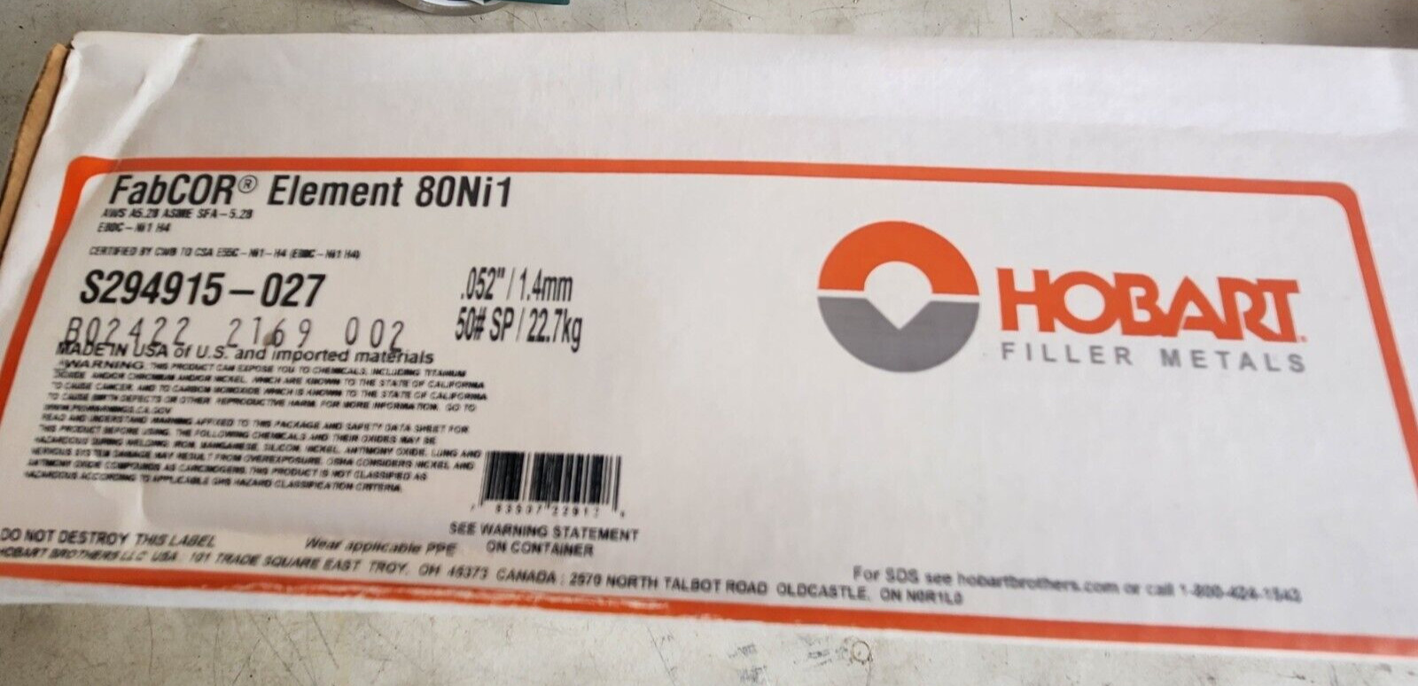 *NEW* Hobart FabCOR Element 80Ni1 S294915-027 .052″ 50lb. Spool Wire (#118P)