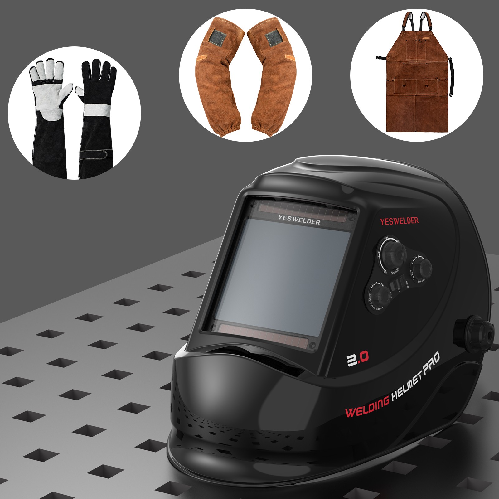 Auto Darkening Welding Helmet 1/1/1/1 4Sensor TIG MIG ARC+LongGloves+Apron +Lens