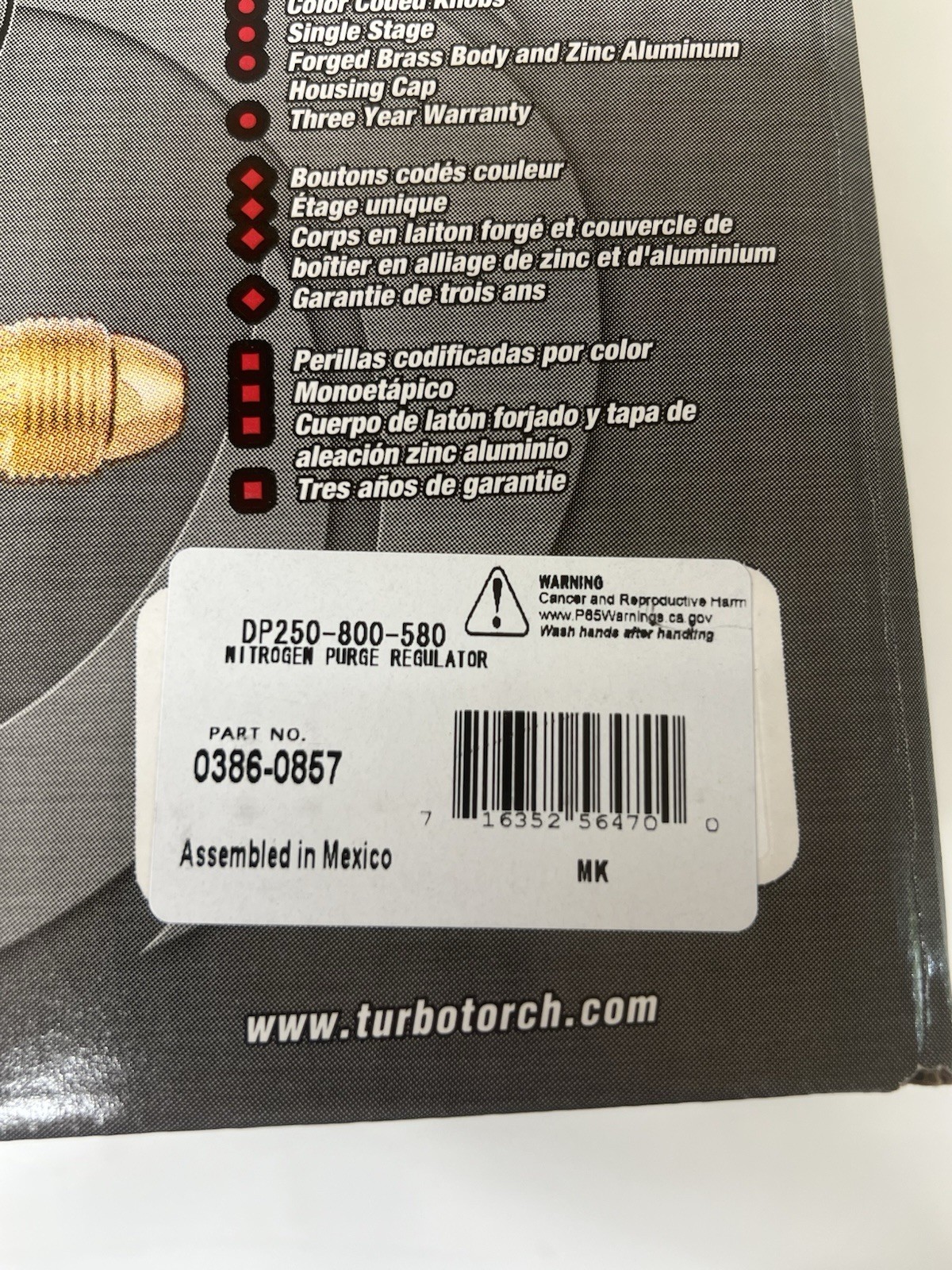 TurboTorch 0386-0857 DP250-800-580 Nitrogen Purging Regulator 800 PSI Delivery