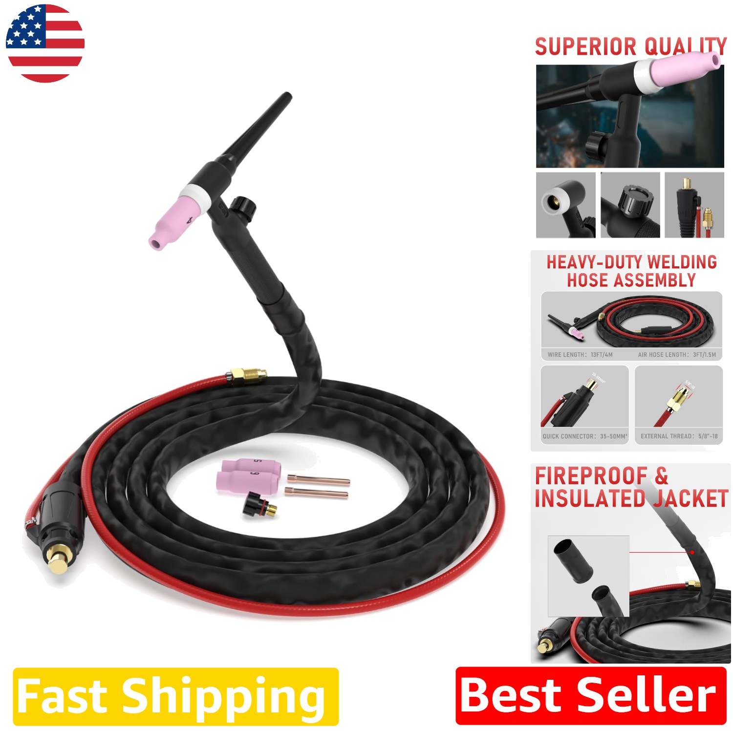 High-Quality WP-17V TIG Torch 150A 13ft Lift TIG 35-50mm² Insulated Cable