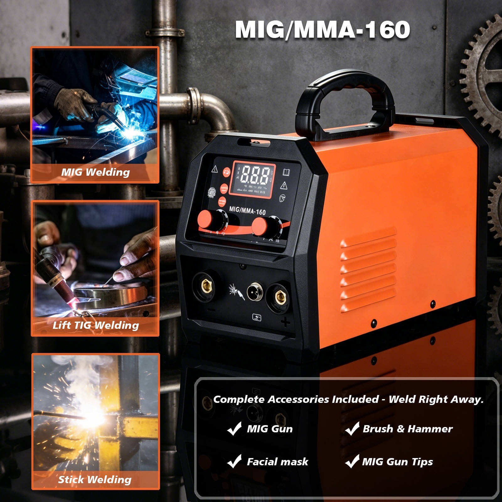 160A 4-in-1 MIG Welder 110V/220V Dual Voltage Gas Core Multiprocess MIG Welding