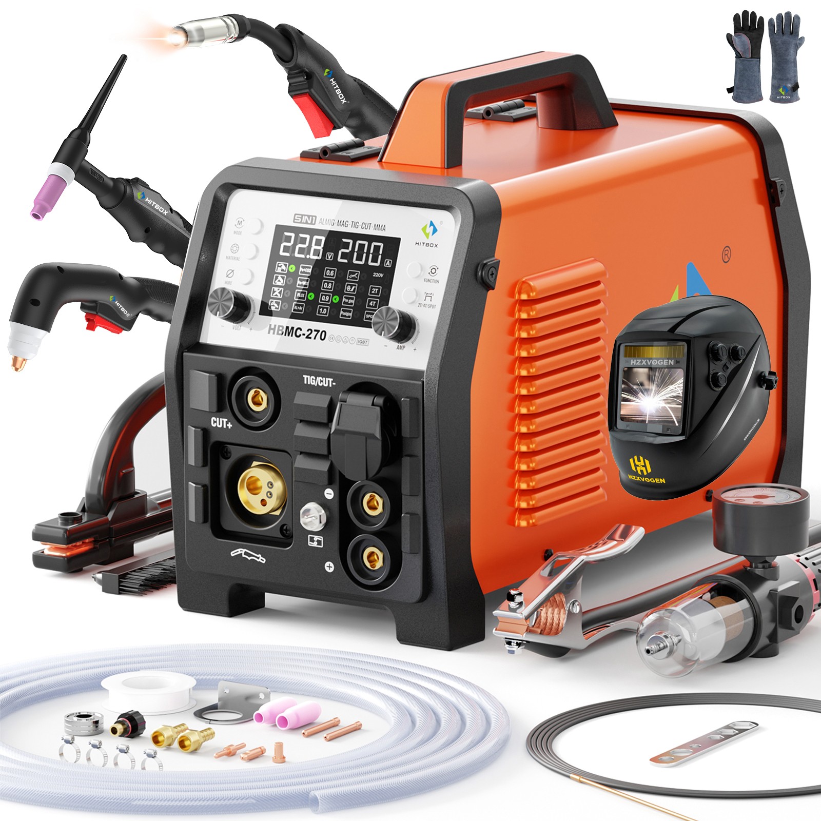 6-in-1 200A Aluminum Gas Gasless MIG TIG STICK Plasma Cutter Welder w/Helmet Kit