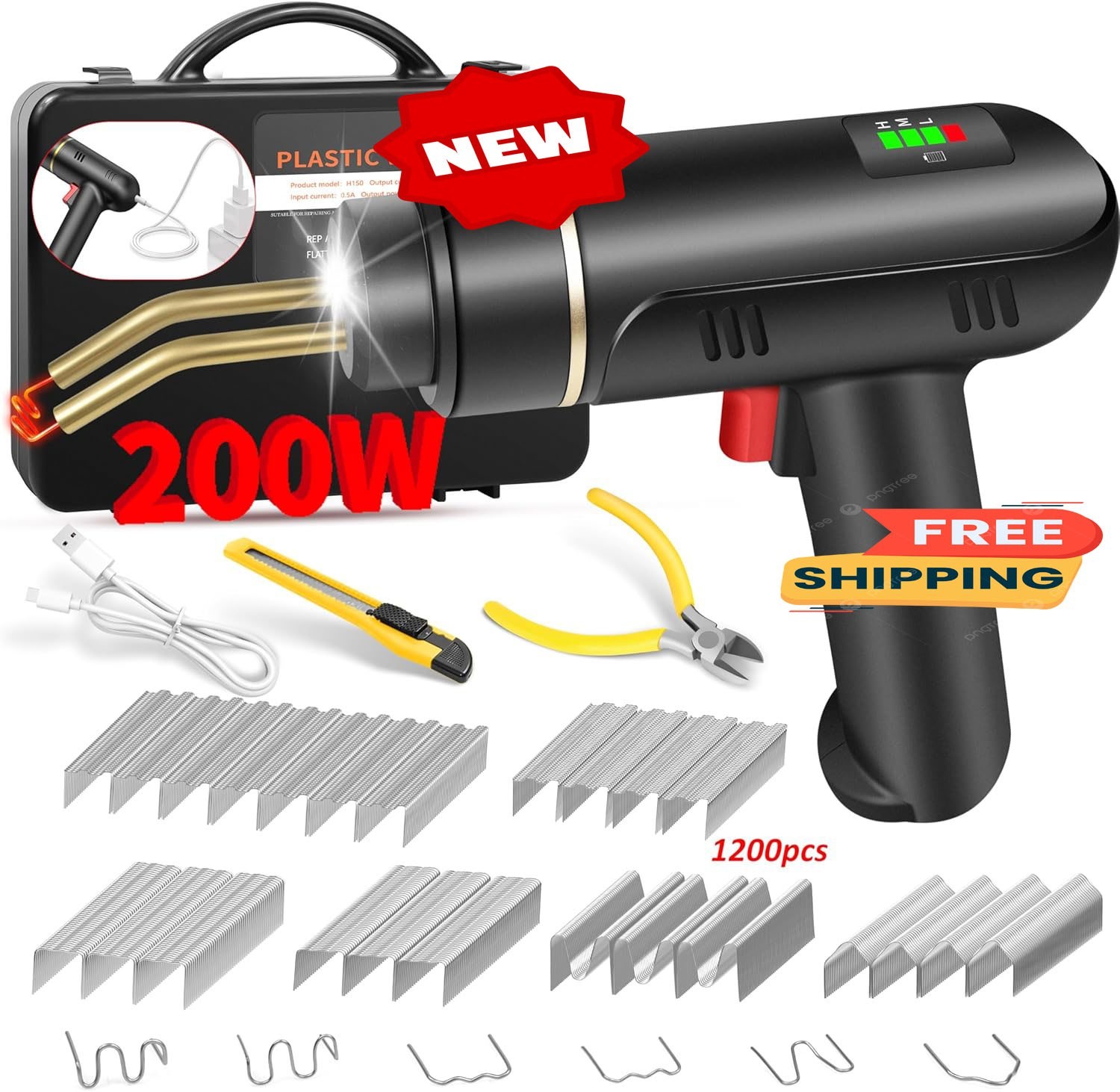 Soldadora de plástico inalámbrica de 200 W, kit de soldadura con 1200 grapas cal