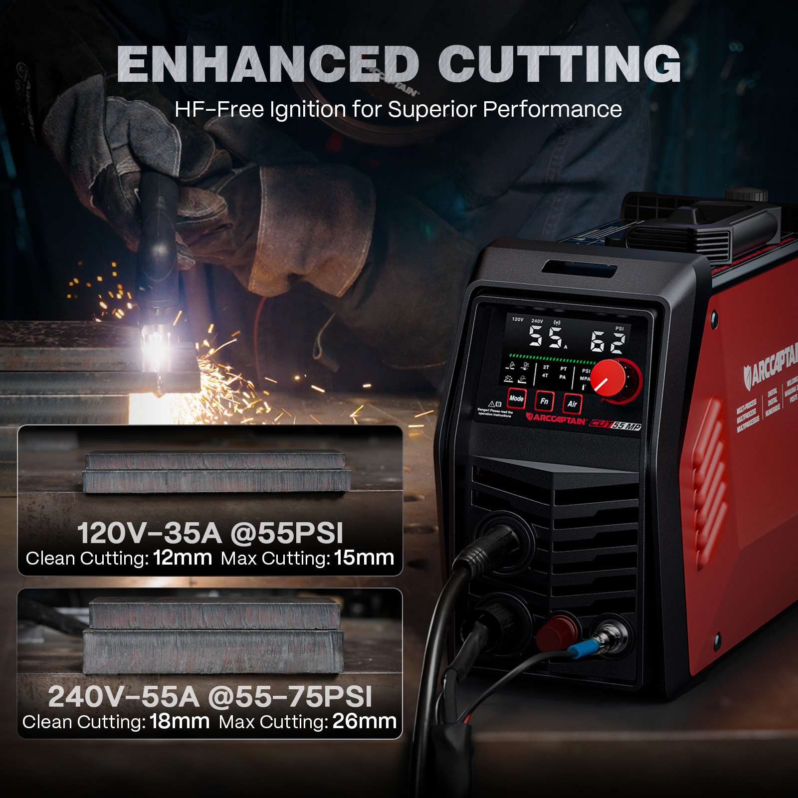ARCCAPTAIN CUT55 MP iControl 55A Non-HF Blowback Pilot ARC Plasma Cutter APP