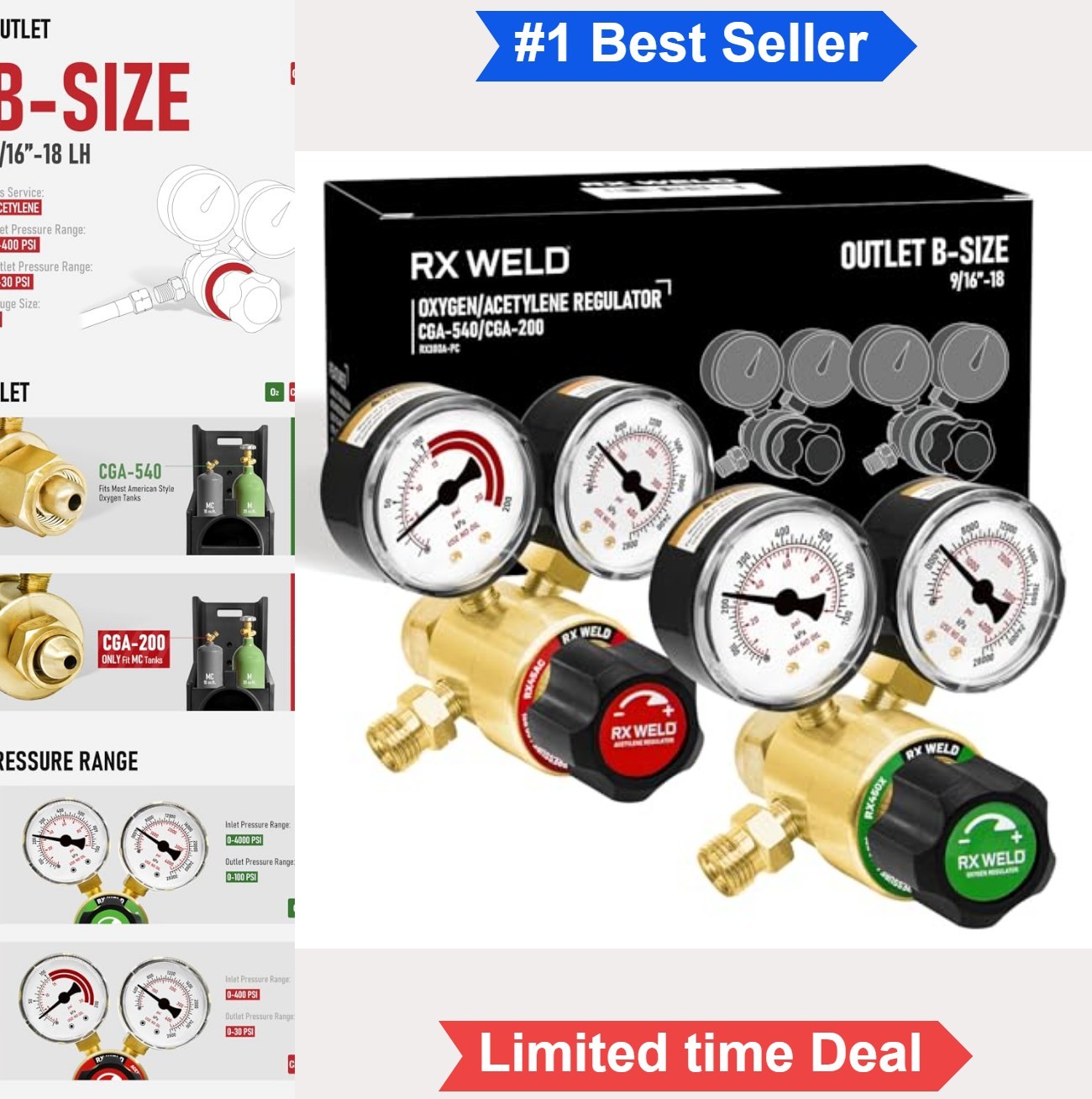 Oxy Acetylene Regulator Set CGA540 CGA200 Brass Twin Welding 1/4 Inch B Fittings