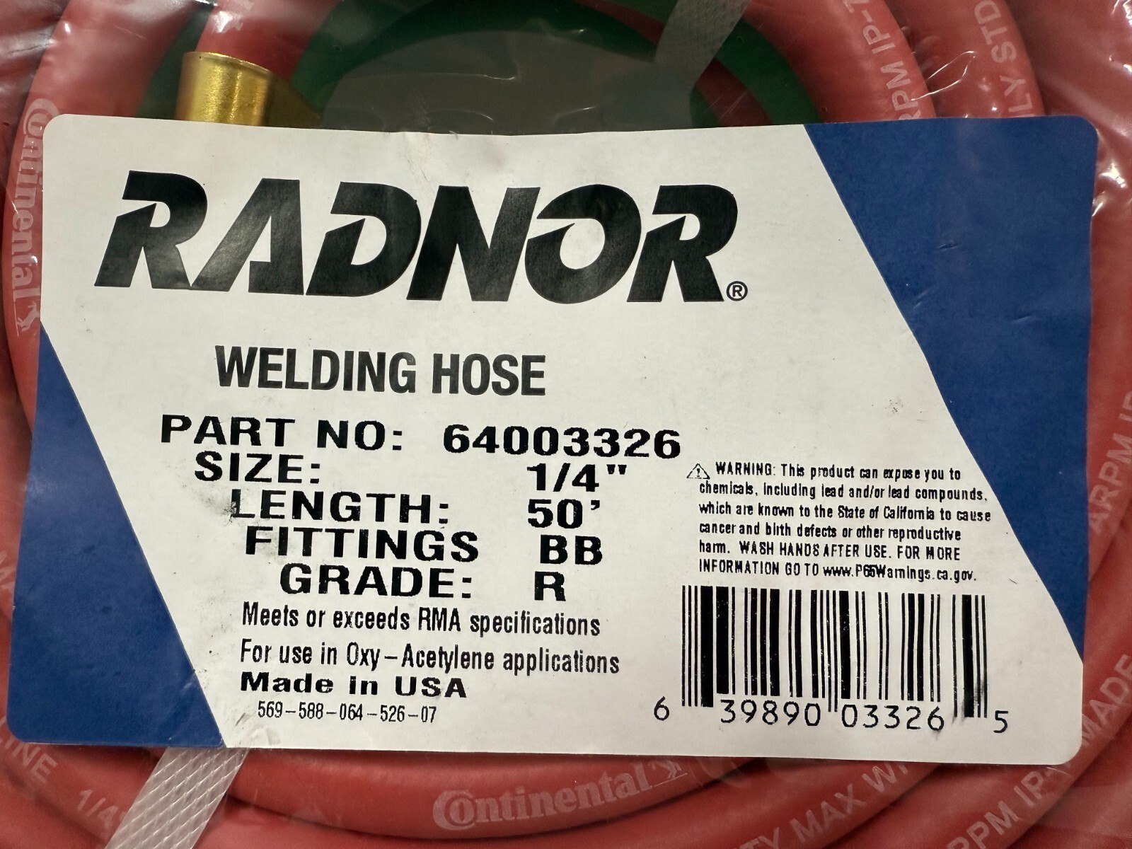 Radnor 1/4″ x 50′ EPDM Rubber Twin Welding Hoses W/BB Hose Fittings 64003326