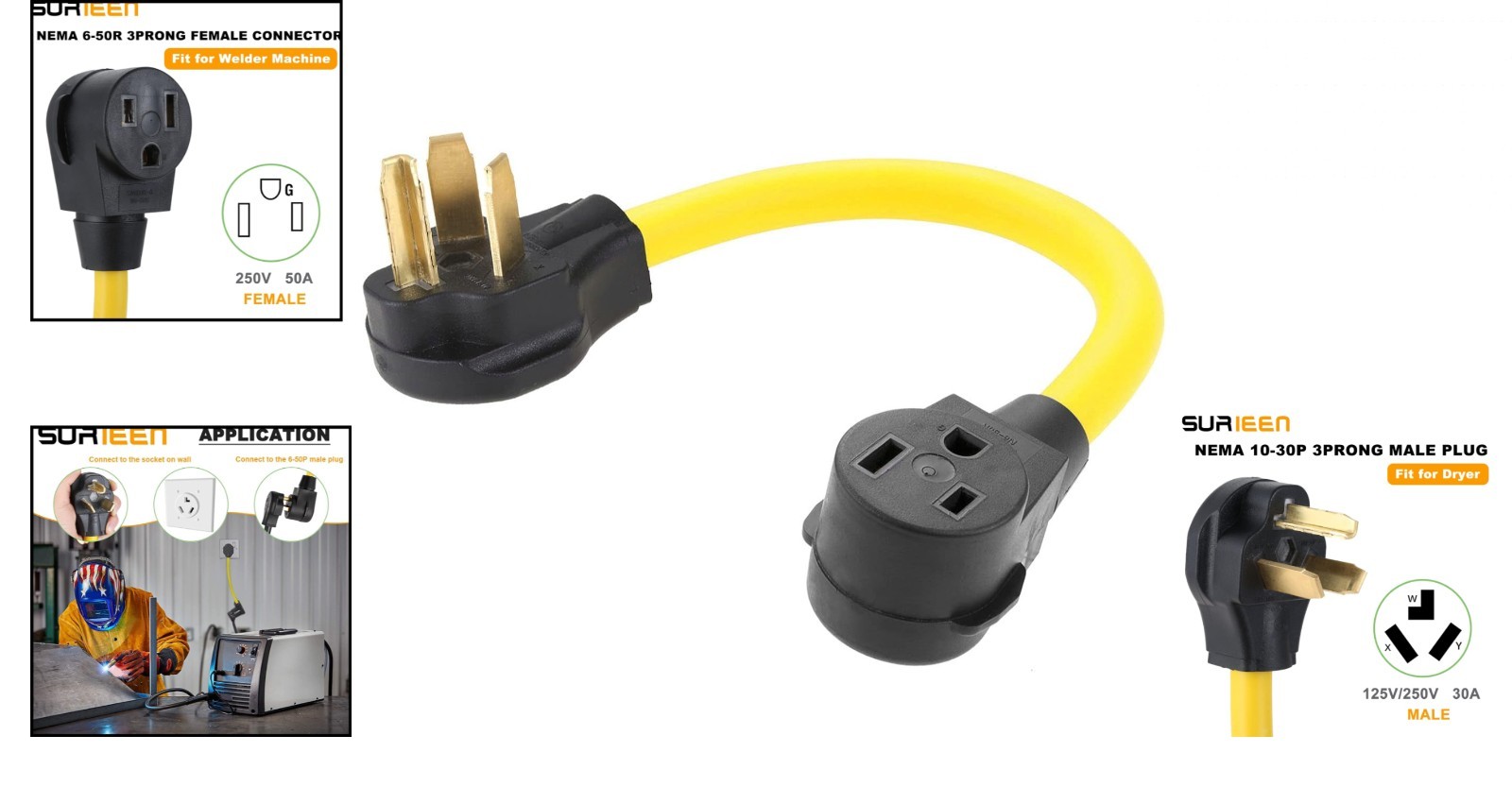 NEMA 10-30P to 6-50R Welder Adapter Cord, 1.5FT 30 Amp Dryer Male Plug to 50 Amp