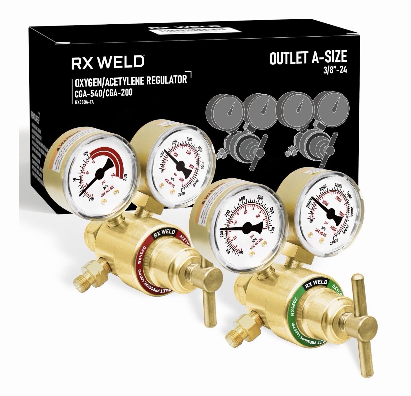 RX WELD Light Duty Oxygen Acetylene Regulator Set, CGA-540 Oxygen/CGA-200 Ace…