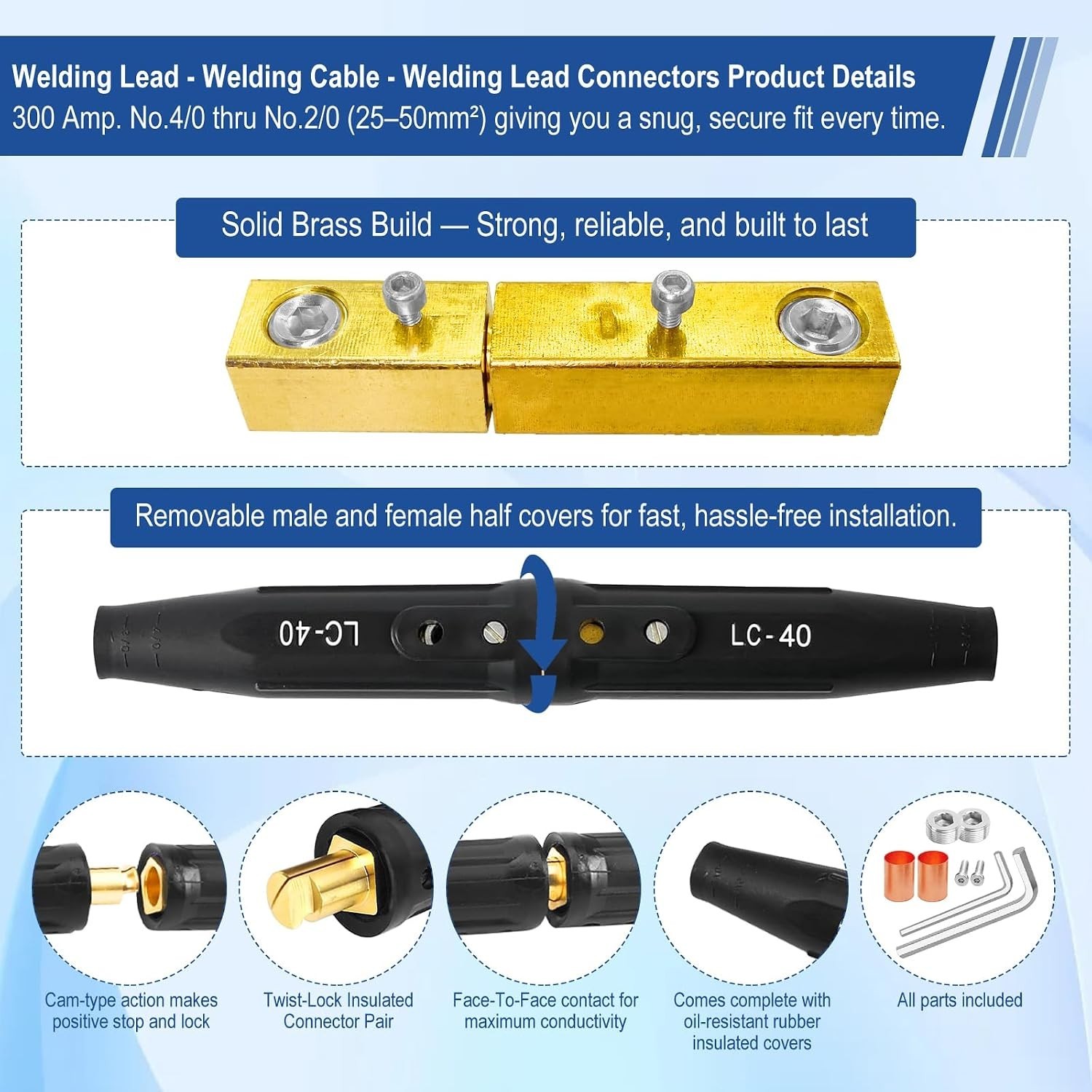 LC-40 Welding Lead Connectors Kit – 350 Amps, Brass Male & Female Connectors
