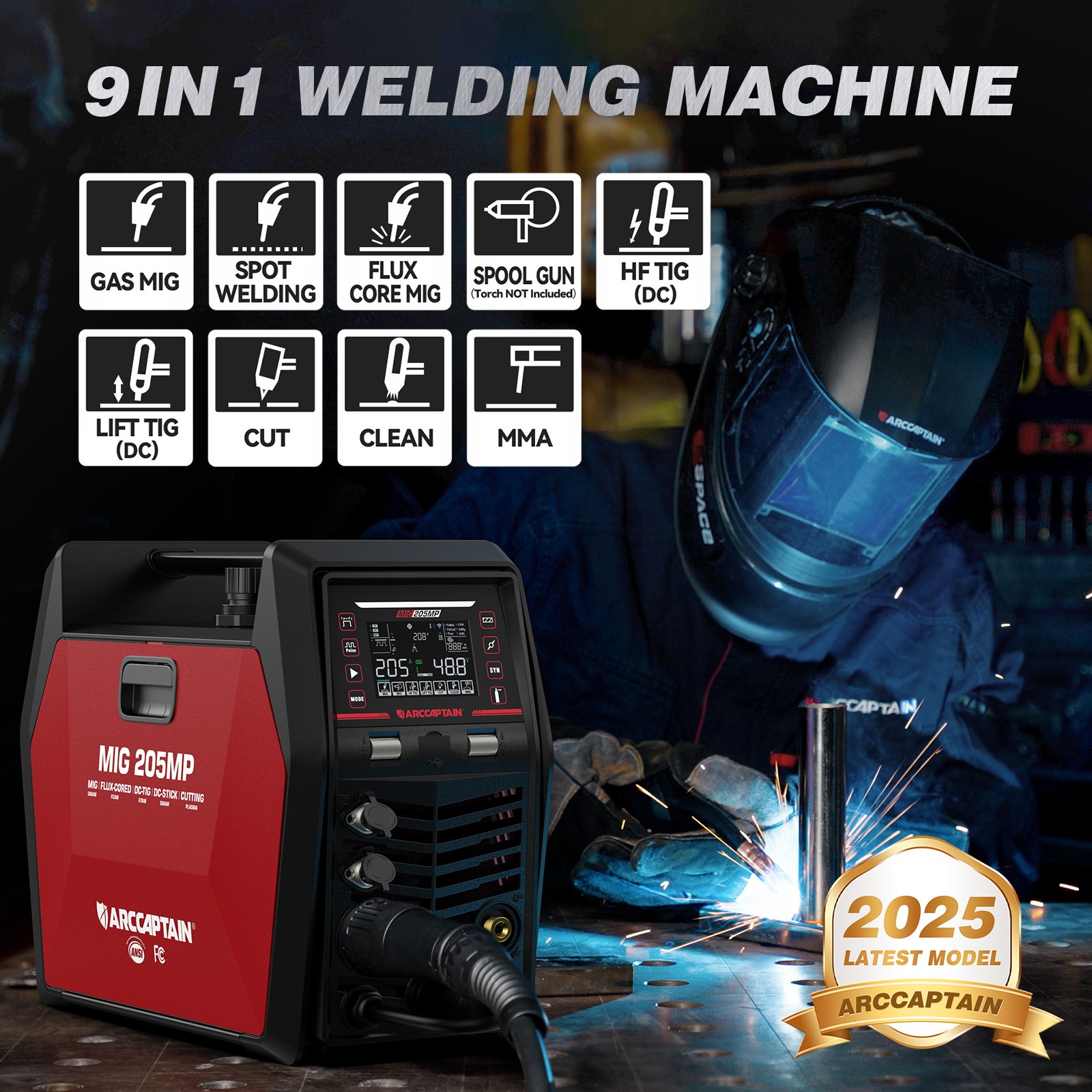 ARCCAPTAIN 205Amp 9 IN 1 MIG Welder MIG205MP APP Control 120/240V & Welding Wire