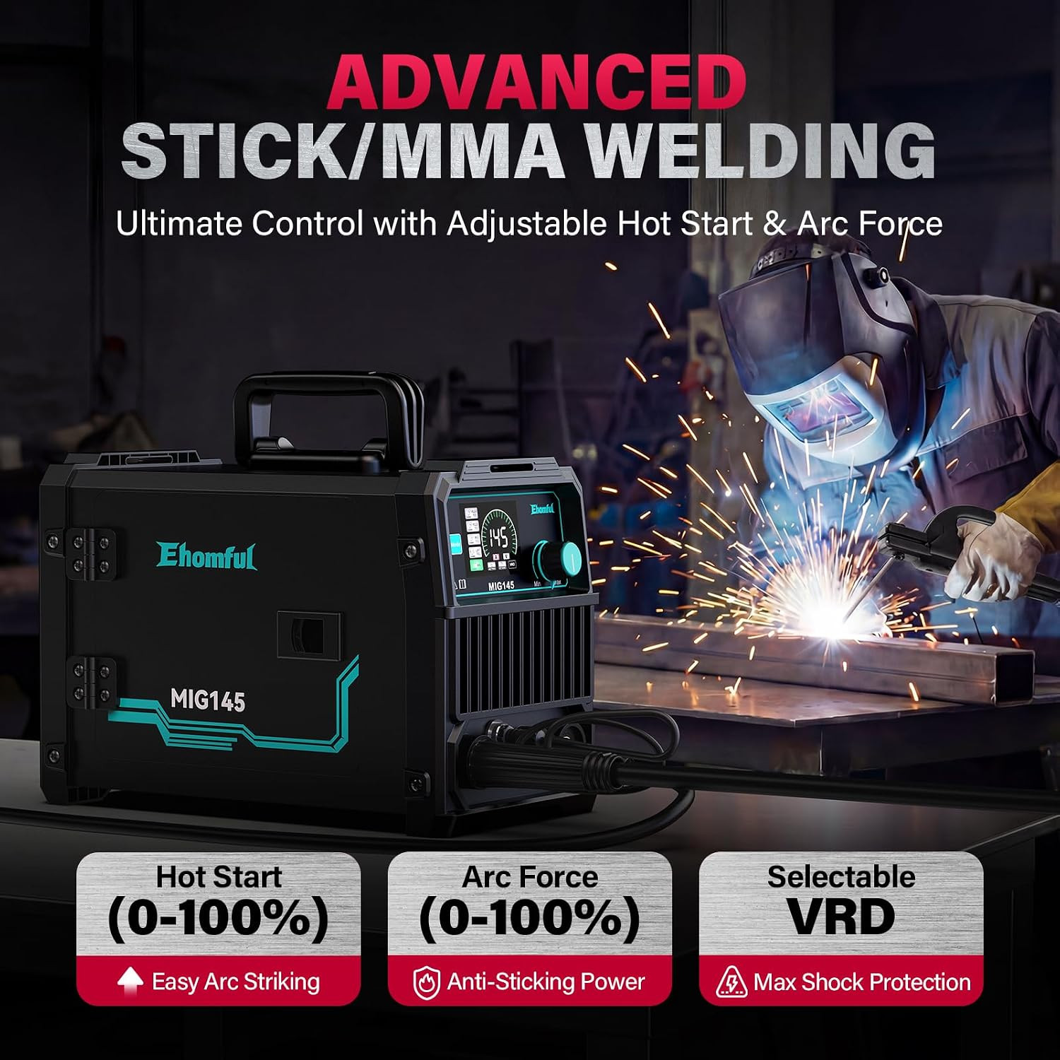 145A 4-In-1 MIG Welder,110V/220V Dual Voltage Gas Mig/Flux Core Mig/Lift Tig/Sti