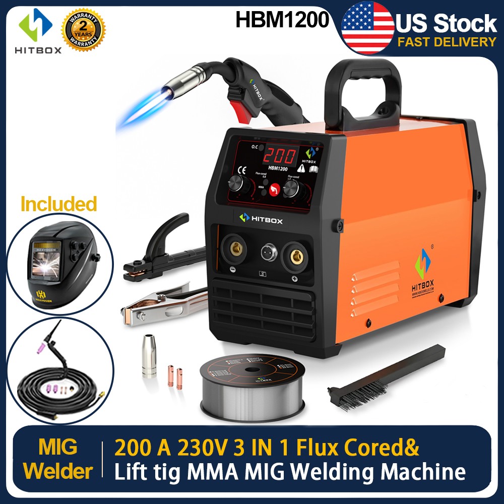 3in1 HBM1200 200A MIG TIG Welder No Gas Inverter 110/230V DC MMA TIG &Tig Torch