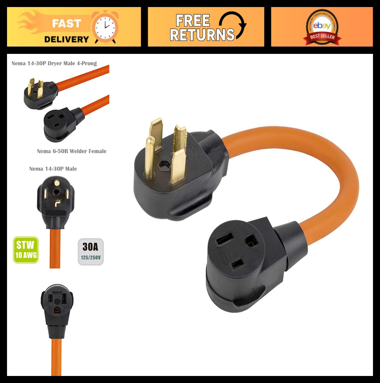 1.5ft NEMA 14-30P to 6-50R Welder Adapter Cable, 30A 4-Prong Heavy Duty 10 AWG