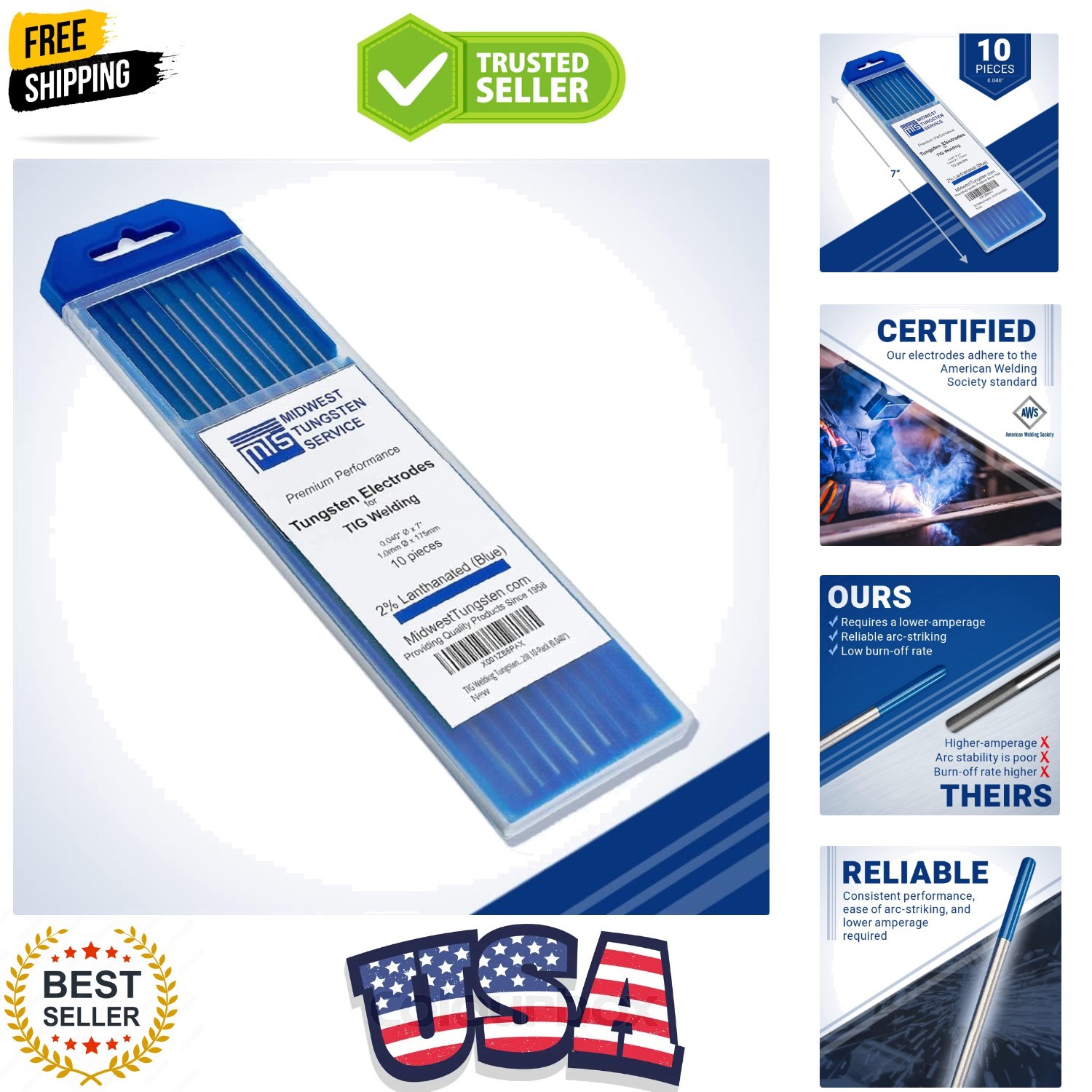 TIG Welding Tungsten Electrodes 10-Pack Blue – 2% Lanthanated Tungsten WL20/E…