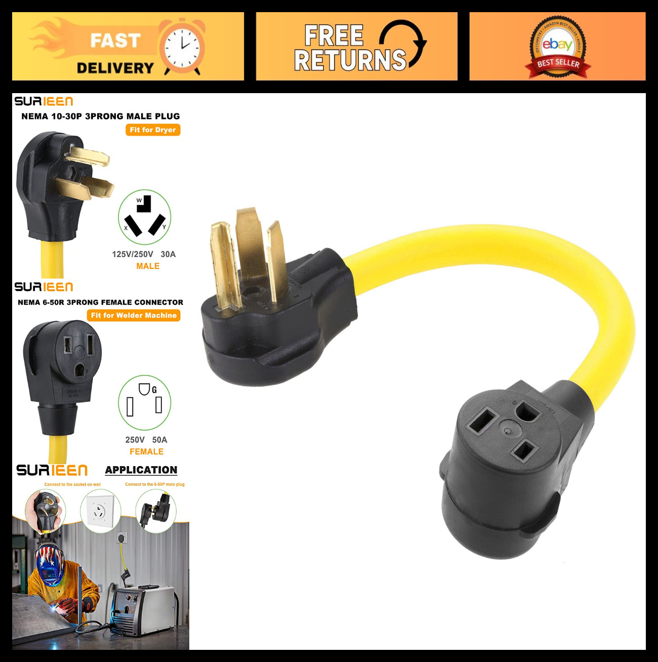 30 Amp to 50 Amp Welder Adapter Cord, 1.5FT NEMA 10-30P to 6-50R, 250V 10AWG
