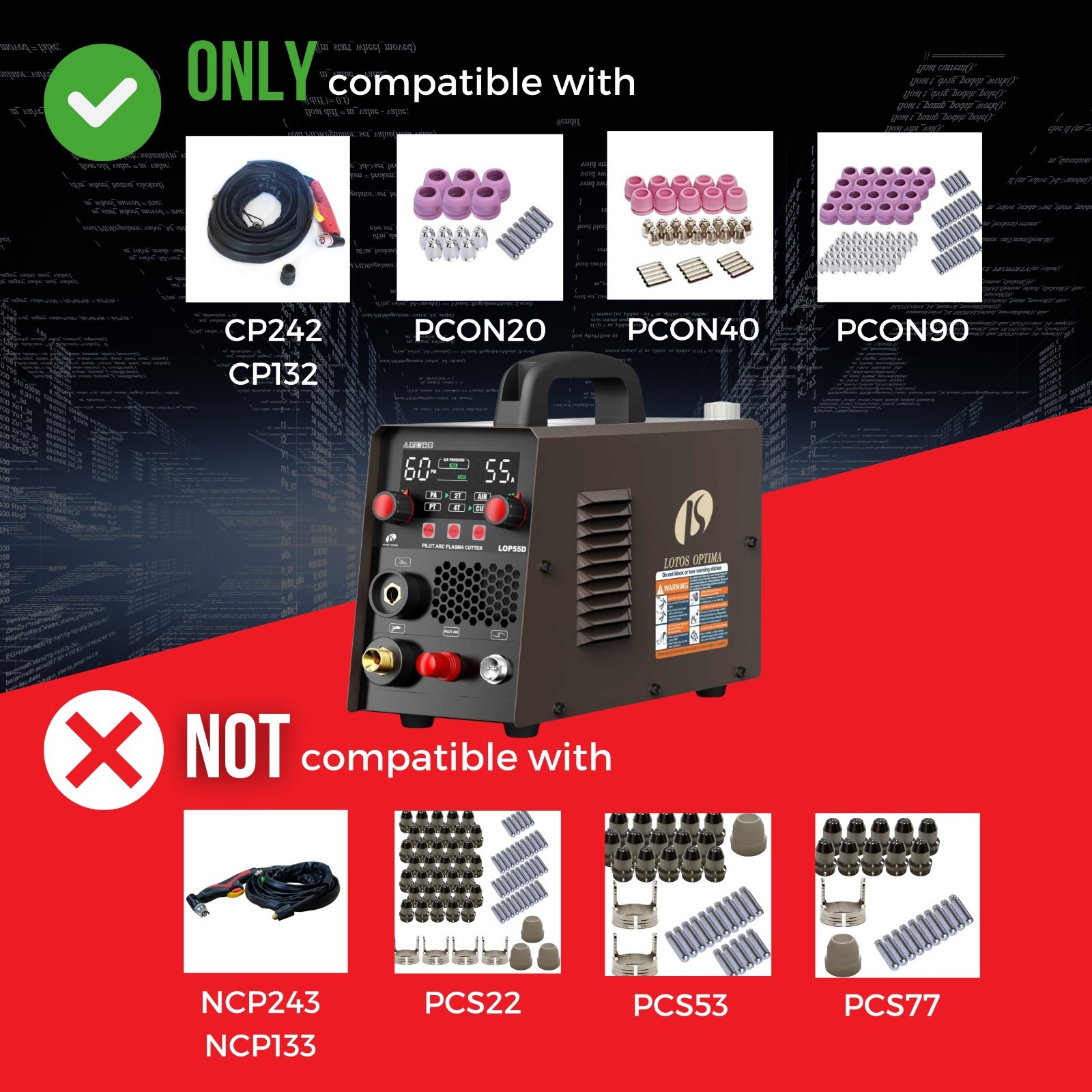 LOTOS LOP55D 55A Plasma Cutter Non-Touch Pilot Arc 110V/220V Dual Voltage 1/2″ C