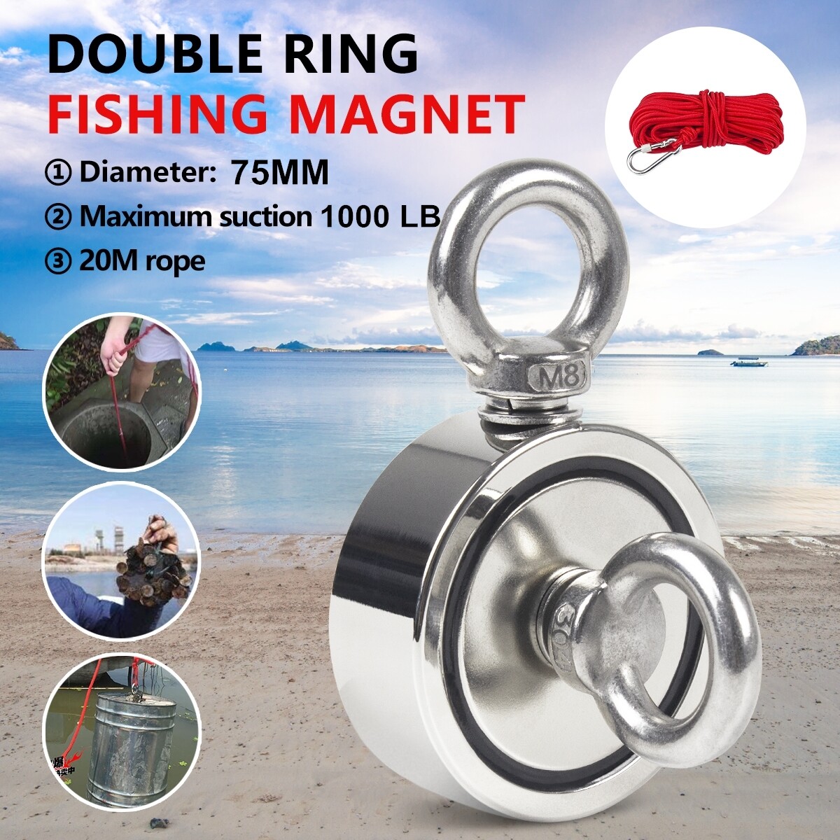 Fishing Magnet Kit Up To 1000LB Strong Neodymium with Pull Force Rope &Carabiner