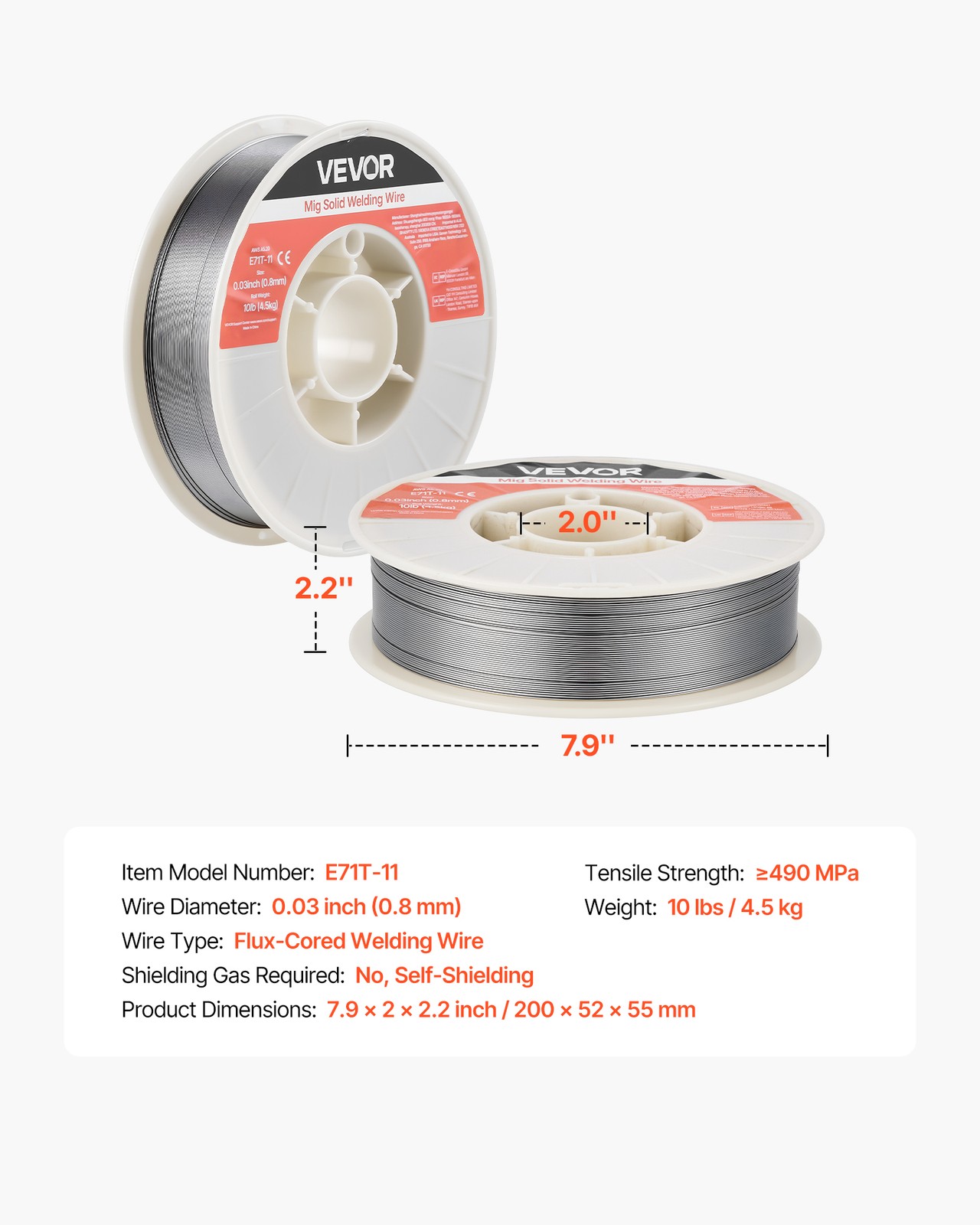 VEVOR Flux Core MIG Welding Wire E71T-11 0.03″ 10LBS Gasless Mild Steel MIG Wire