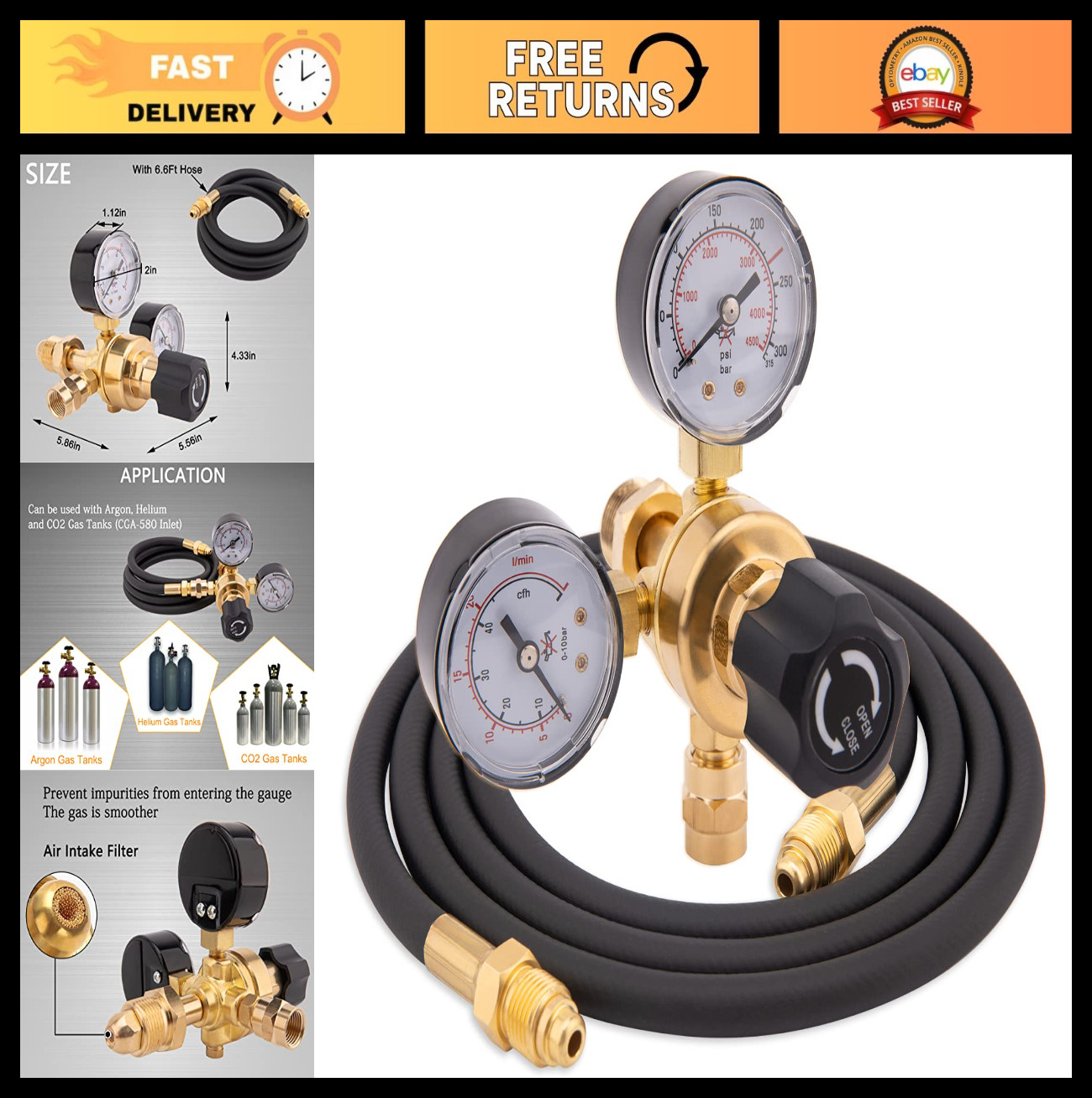 Argon CO2 Welding Regulator with Gauges, 0-4500PSI, 6.6Ft Hose for MIG TIG