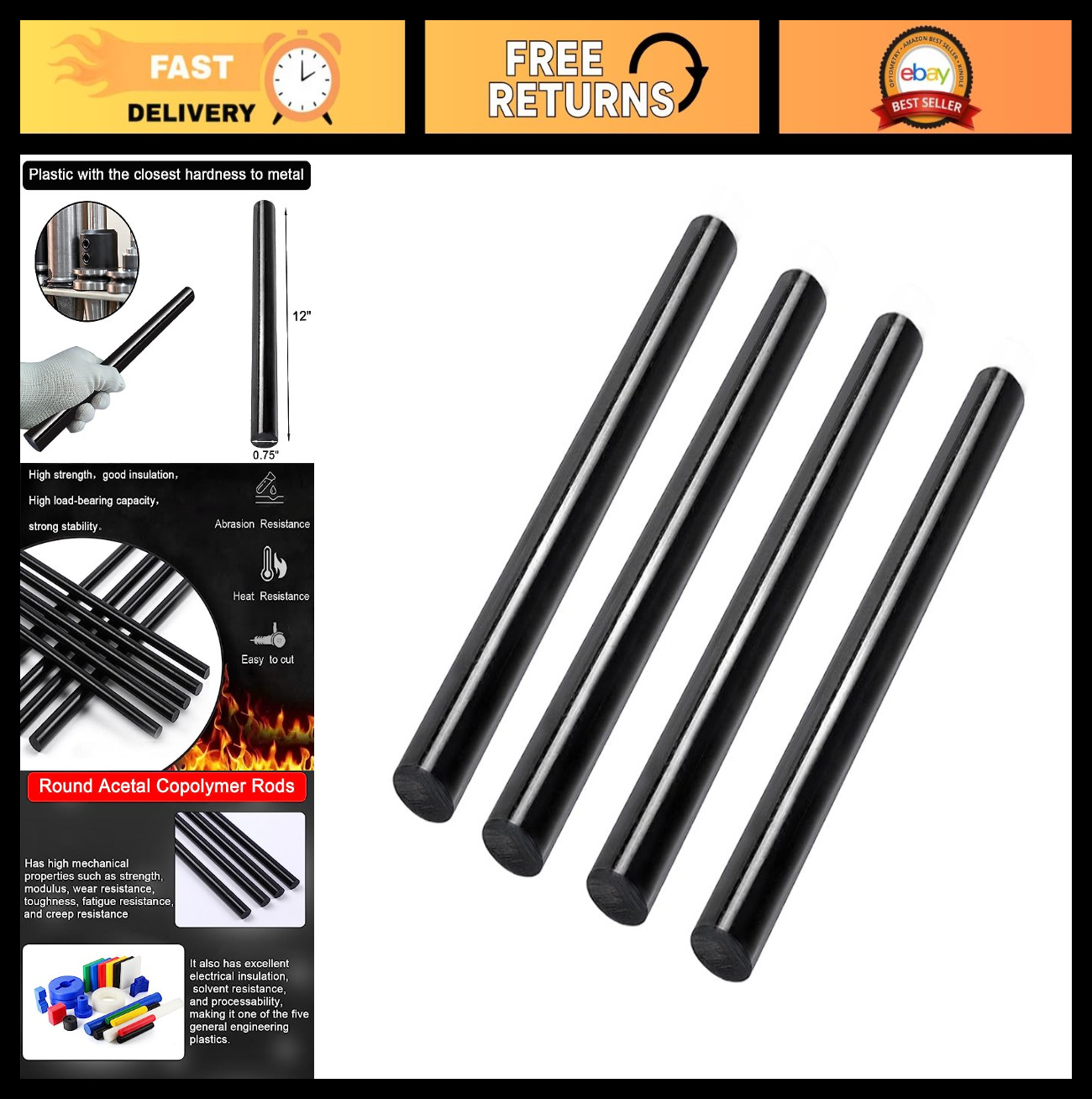 4 Pack 3/4″ Diameter 12″ Length Opaque Black Acetal Copolymer Rods – Non-Marring