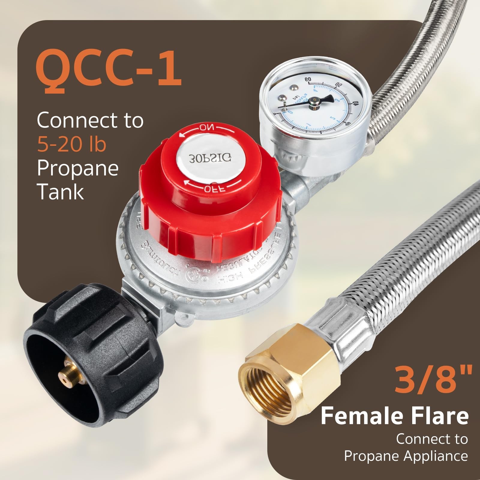 GASPRO 0-30 PSI Adjustable High Pressure Propane Regulator with 5FT, SILVER