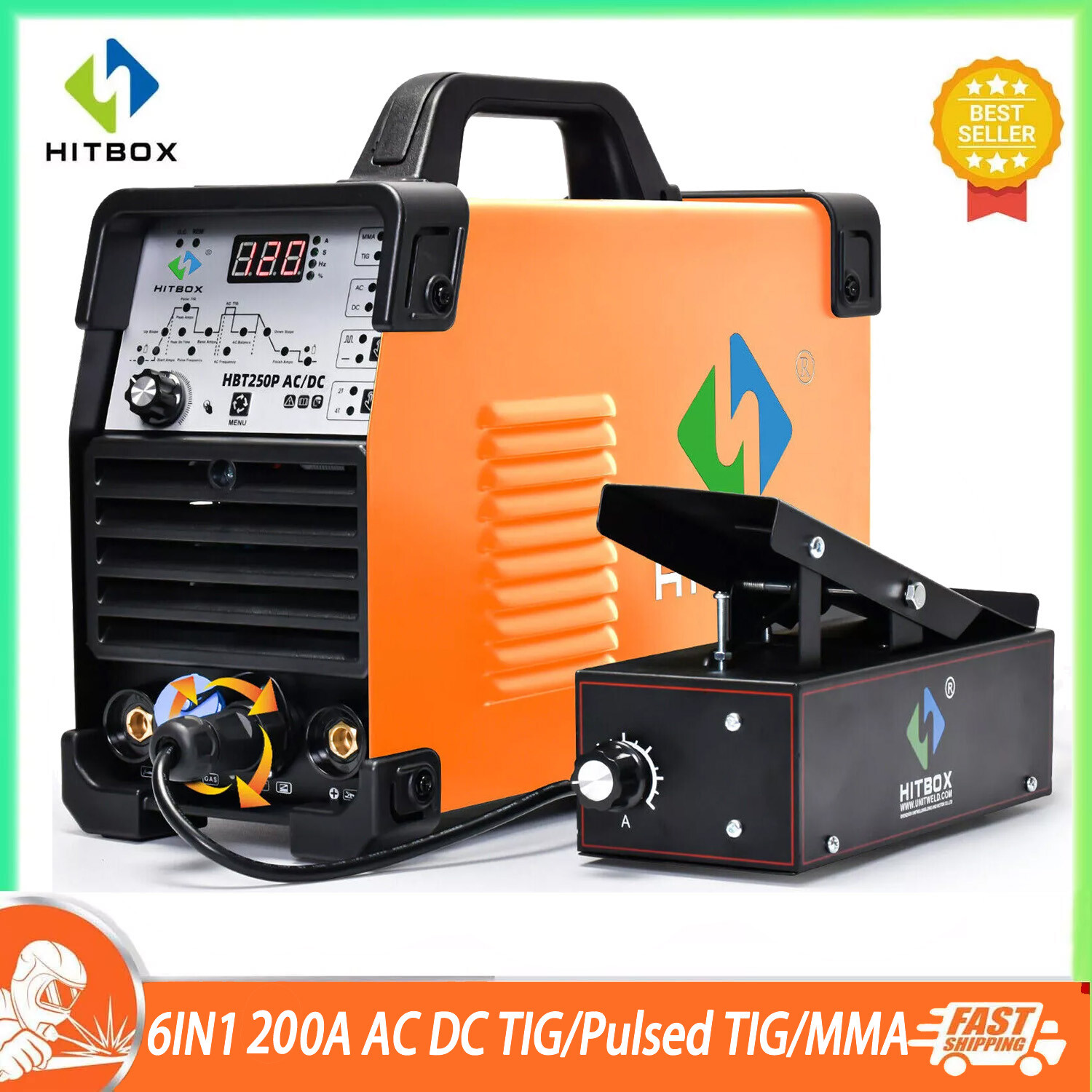 200A AC DC TIG/HF TIG/Pulse/Square Waveform/Stick/TIG Welder with REM Foot Pedal