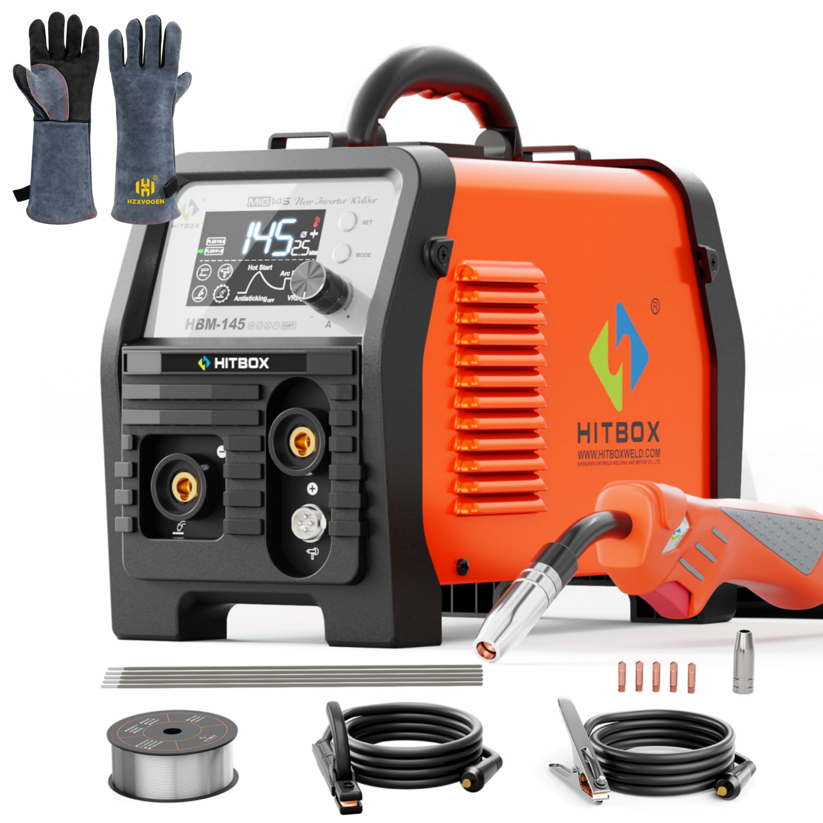 HITBOX 4IN1 Gasless MIG Welder 145A MMA Lift TIG MIG Welding Machine & Gloves US
