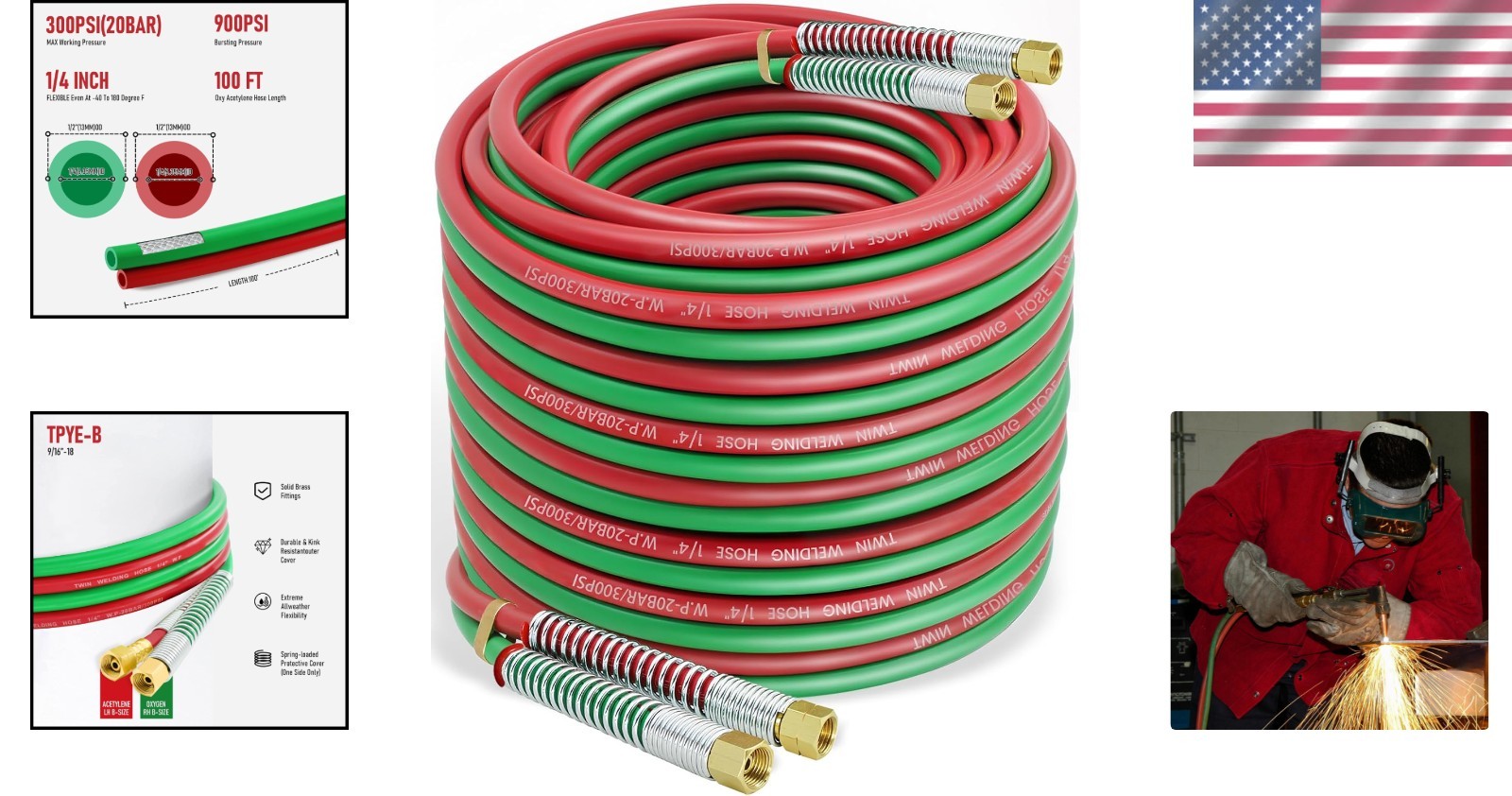 100 Feet Oxy Acetylene Welding Hose – 1/4″ Grade R Twin-Line Rubber br Perfec…