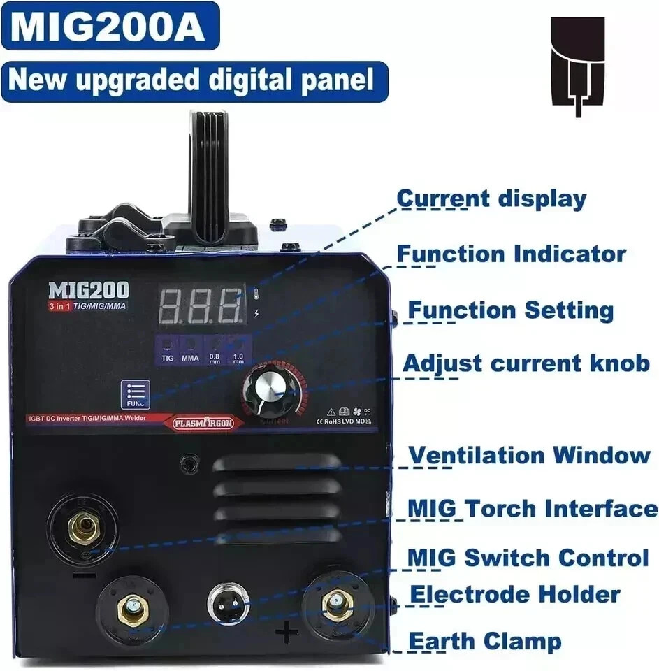 MIG200 110/220V 3-in-1 MIG Welder 200A TIG/MIG/MMA NO GAS IGBT Welding Machine