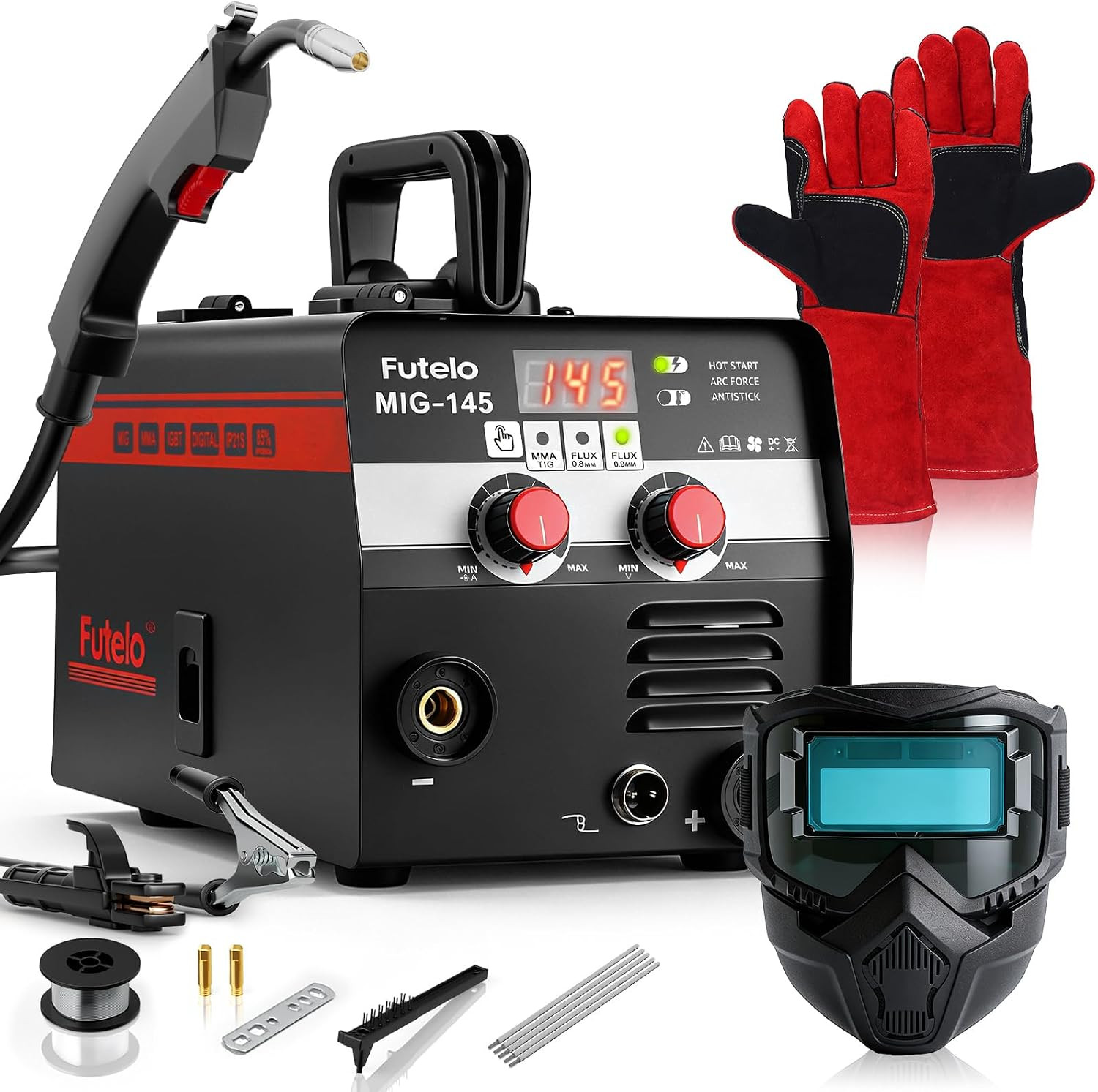 145A MIG Welder, 3 in 1 Flux Core Lift TIG Stick Welding Machine 110V IGBT Inver