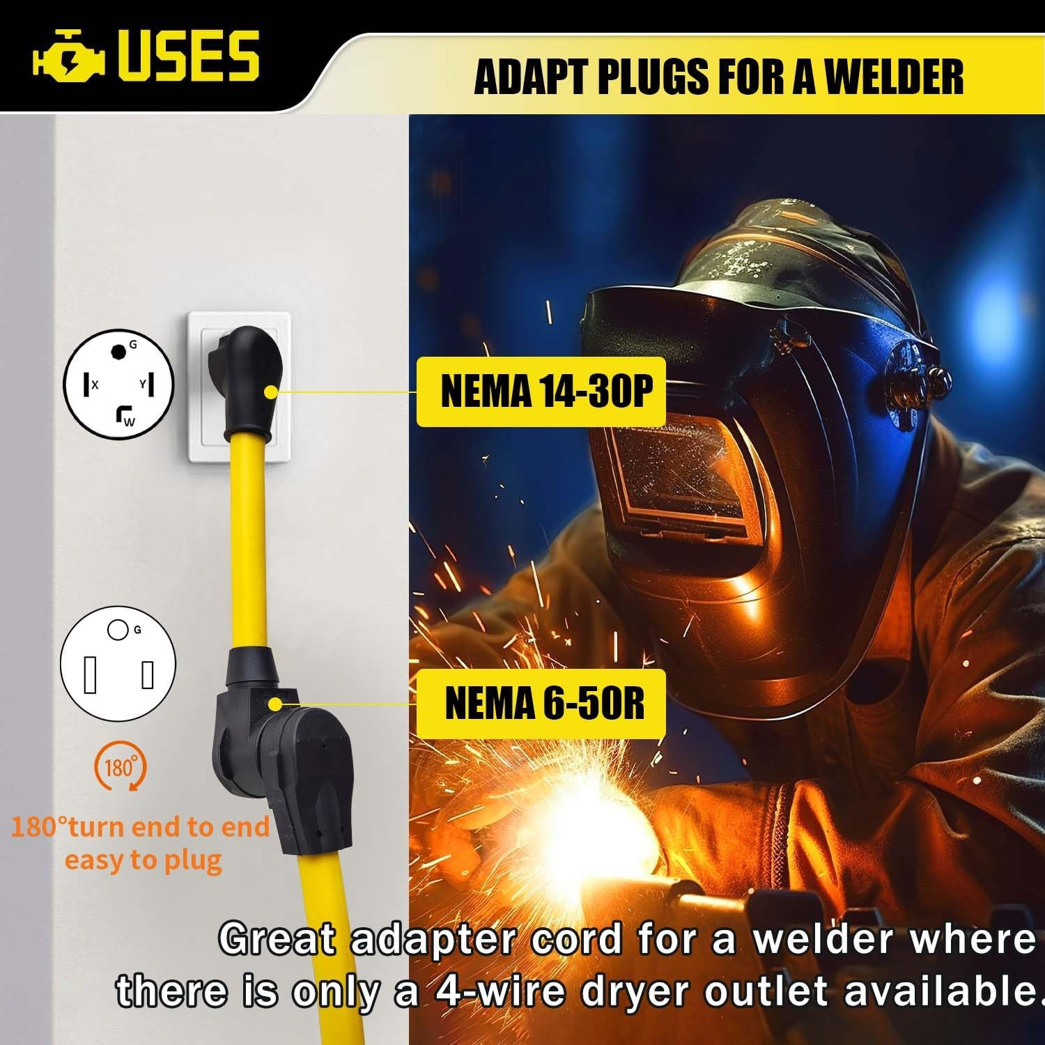 4 Prong to 3 Prong Welder Plug Adapter 220V, NEMA 14-30P to 6-50R Dryer to Weldi