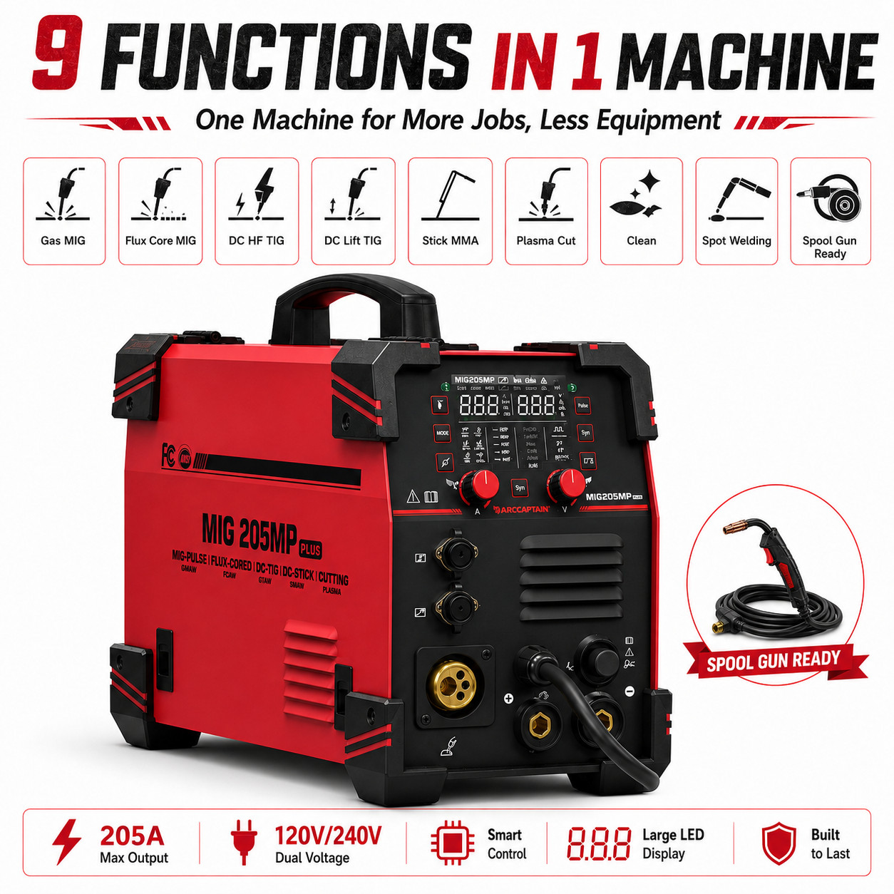 ARCCAPTAIN MIG205MP MIG Welder 9 IN 1 iControl APP Control 120/240V Dual Voltage