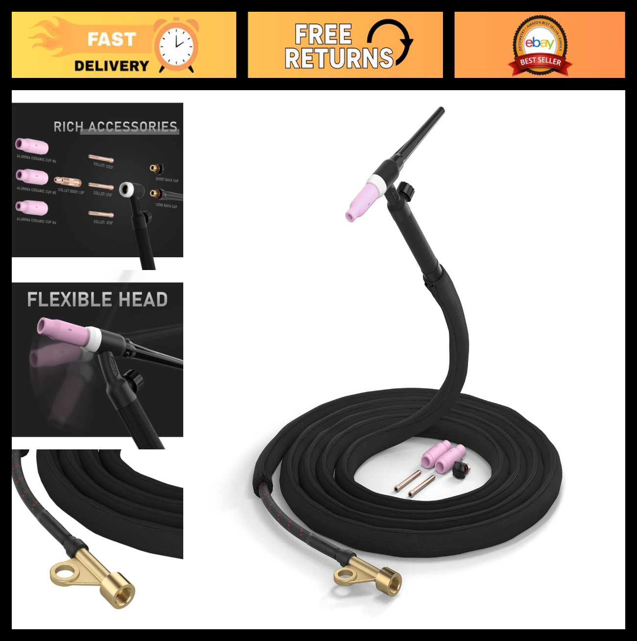 Flexible Head TIG Welding Torch 12ft Cable Air-Cooled WP-17FV Gas-Valve Complete