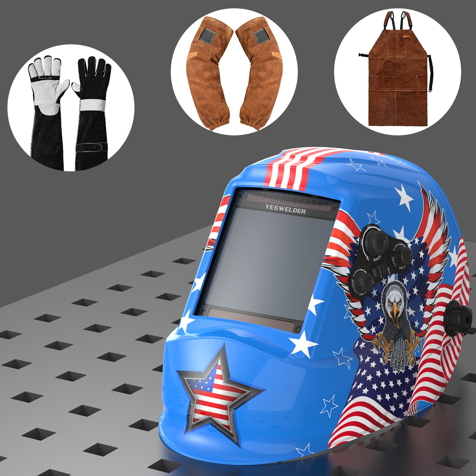 Auto Darkening Welding Helmet 1/1/1/1 4Sensor TIG MIG ARC +Apron+Sleeves+Gloves