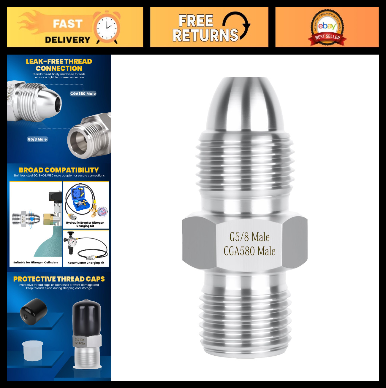 G5/8 to CGA580 Male Adapter for Nitrogen Cylinders | Stainless Steel Charging Ki