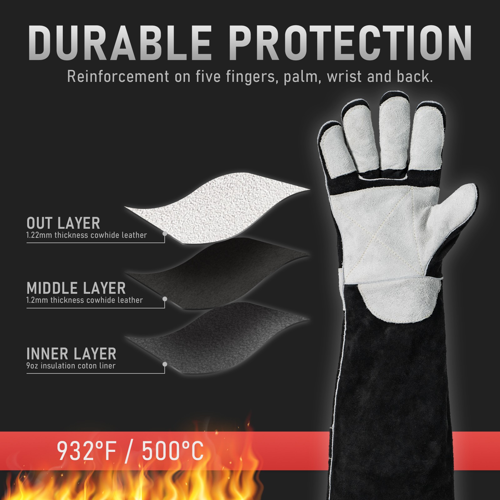 23.6″ 932℉ Leather Forge MIG Welding Gloves Heat Fire Resistant Stitching Palm