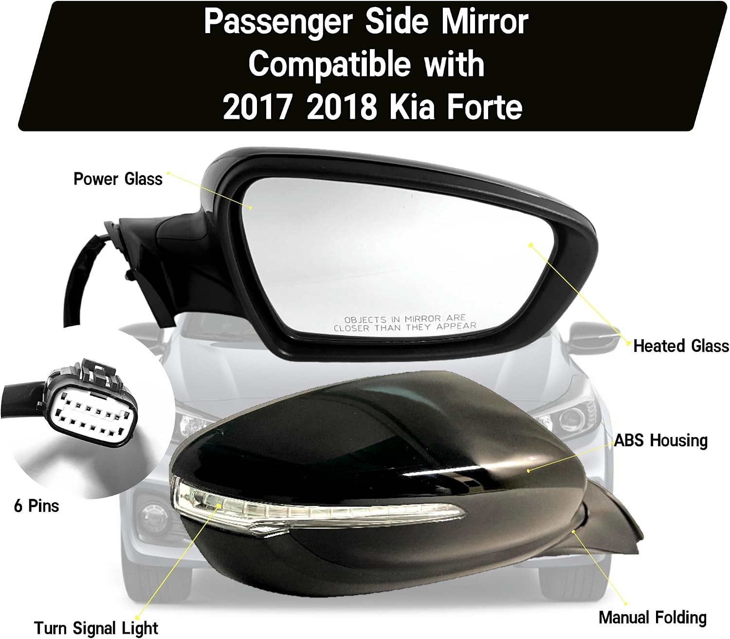 Passenger (Right) Side Mirror Compatible with 2017 2018 Kia Forte with Heated/Po