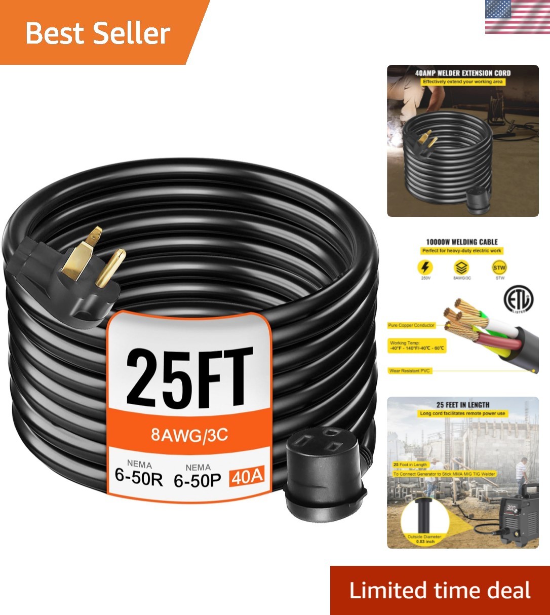 Listed 25ft Welding Extension Cord 40A with Storage Strap, Pure Copper 8AWG