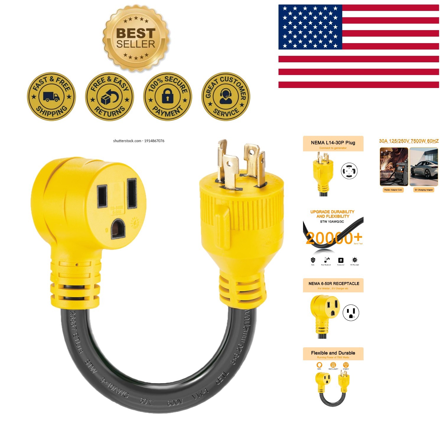 Certified 1.5 FT NEMA L14-30P to 6-50R Welder Adapter – 30 Amp Power Safe
