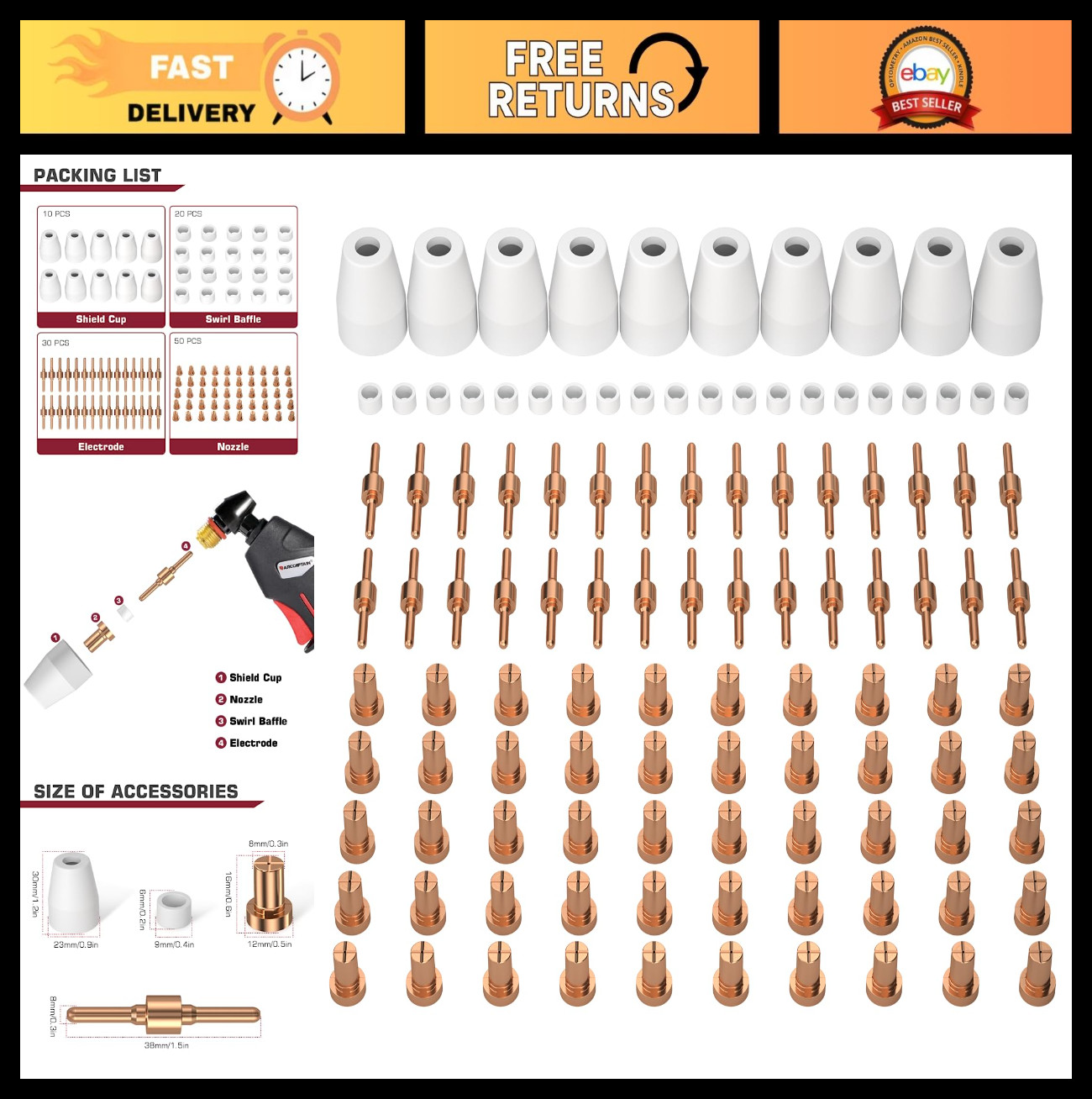110PCS Plasma Cutting Consumables for PT31, CUT-45, CUT-50, MIG205, CT-312 Torch